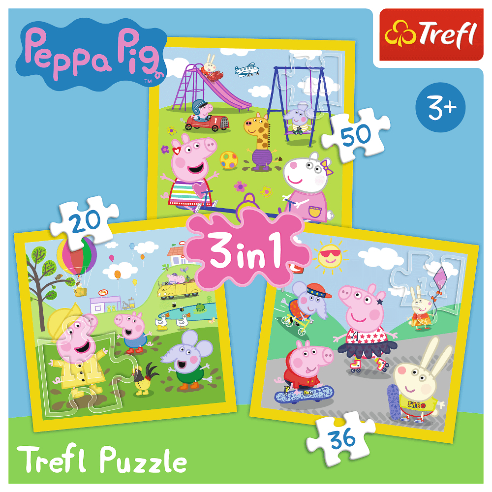 A 3-in-1 puzzle set featuring Peppa Pig and friends. The background is white. The puzzles have a yellow frame.