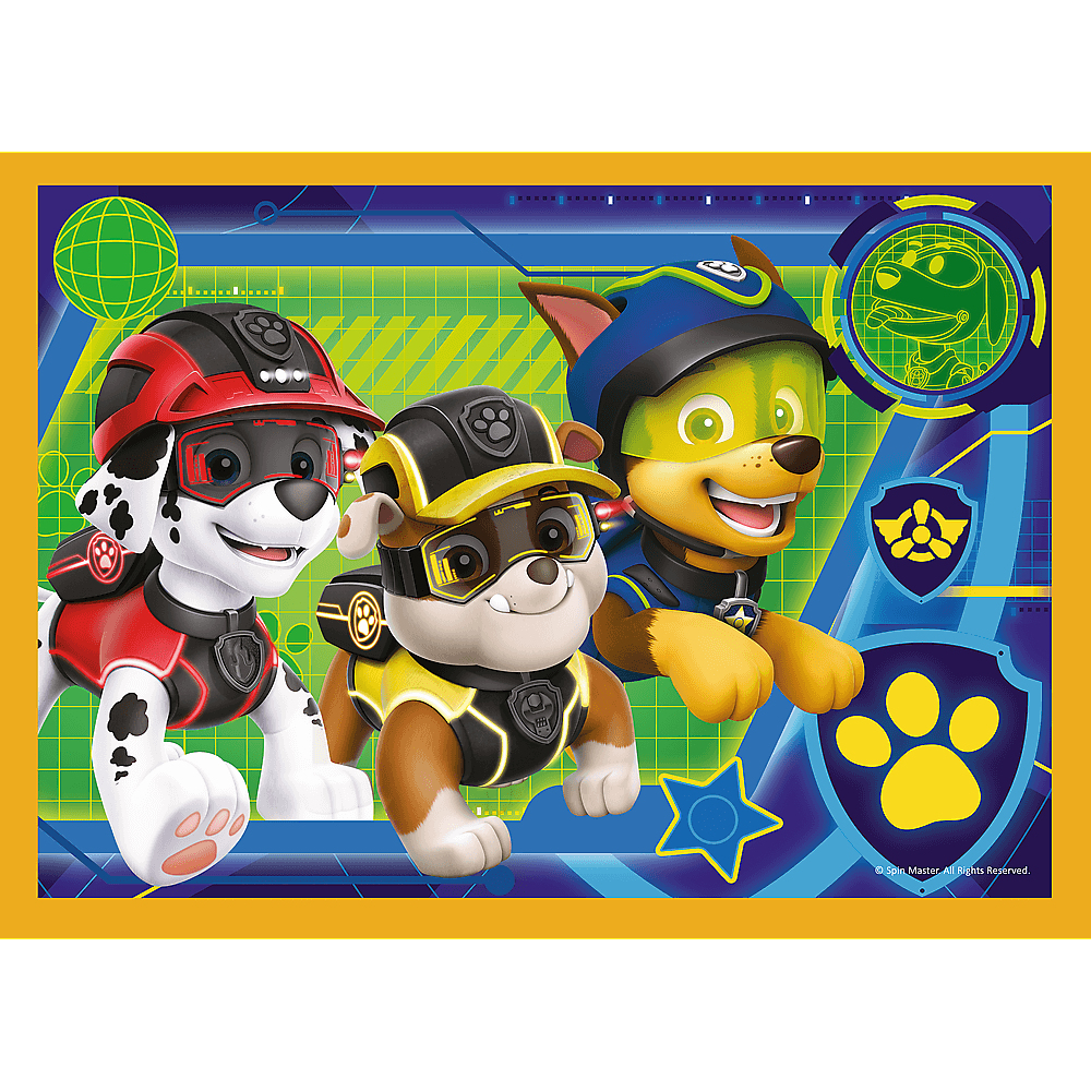 Paw Patrol characters in uniform: Marshall, Rubble, and Chase are side by side.