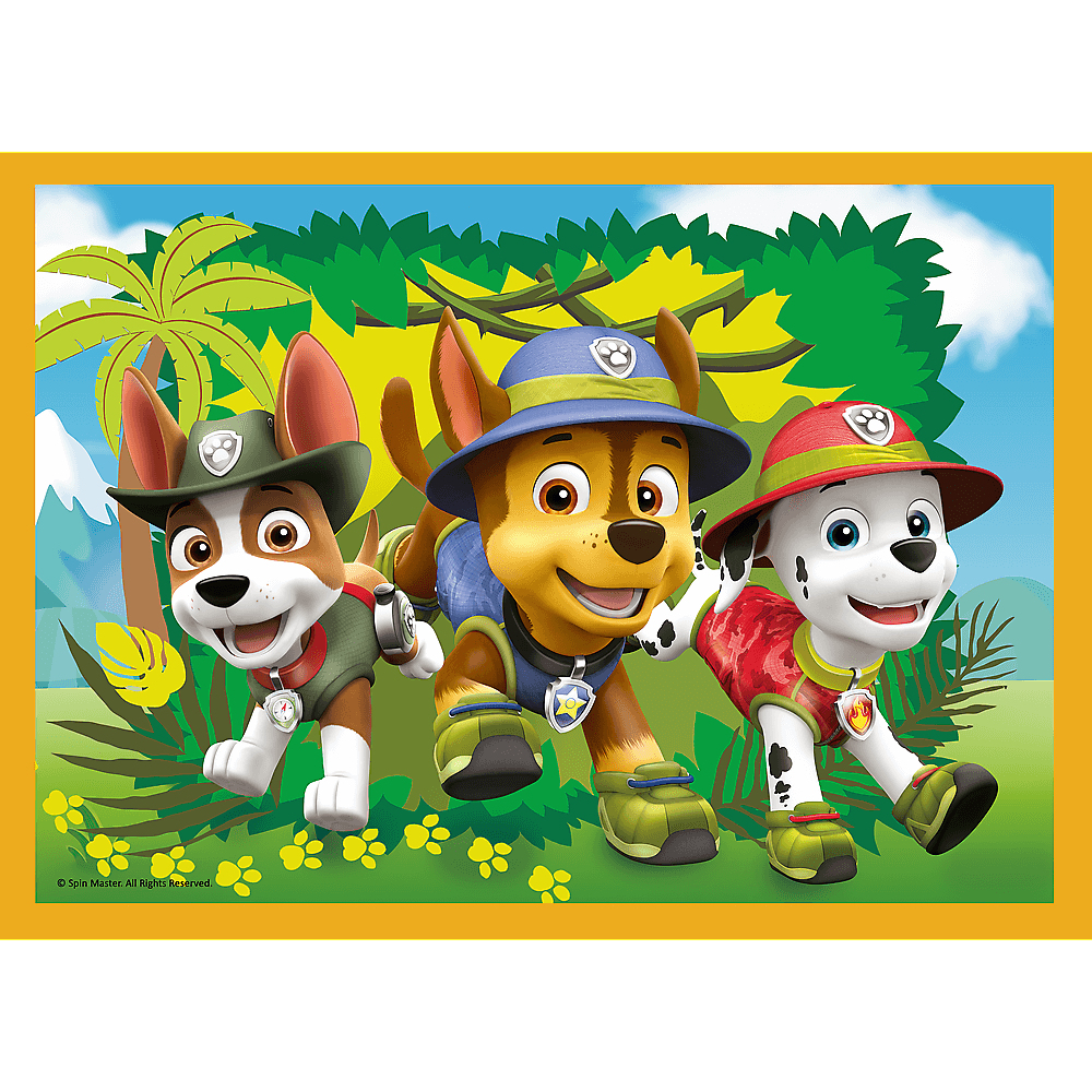 Paw Patrol characters in uniforms: Tracker, Chase, and Marshall are walking forward.
