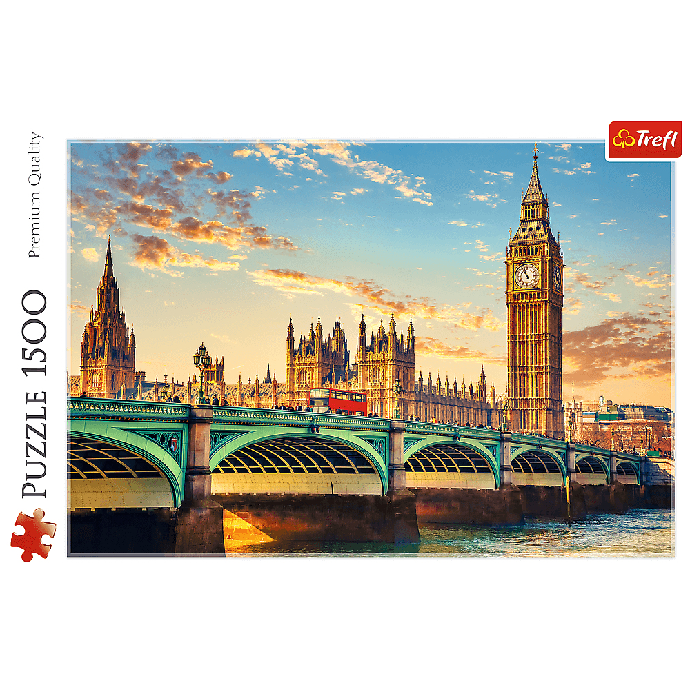 Imagen de rompecabezas de Big Ben y el Palacio de Westminster. Cielos del atardecer con nubes.