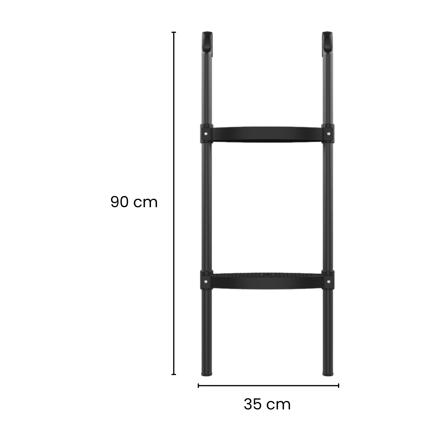Zwarte metalen ladder met twee treden. De ladder is 90 cm hoog en 35 cm breed.