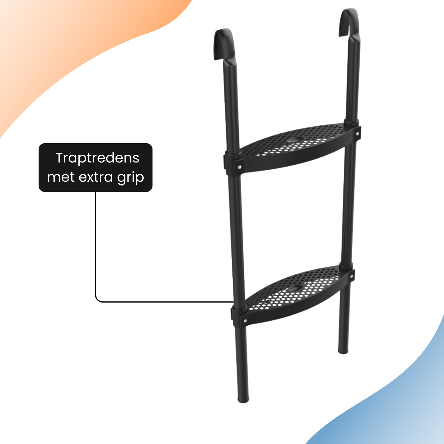 Zwarte ladder met extra grip en een tekstvak, met een blauwe en oranje achtergrond.
