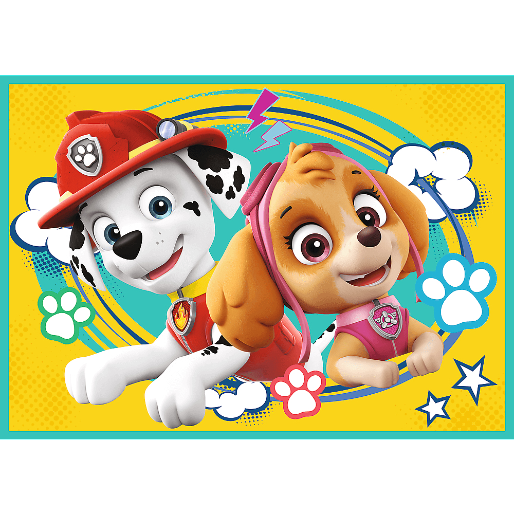 Personaggi di Paw Patrol, Marshall e Skye sorridenti. Fulmini e impronte di zampe sullo sfondo.