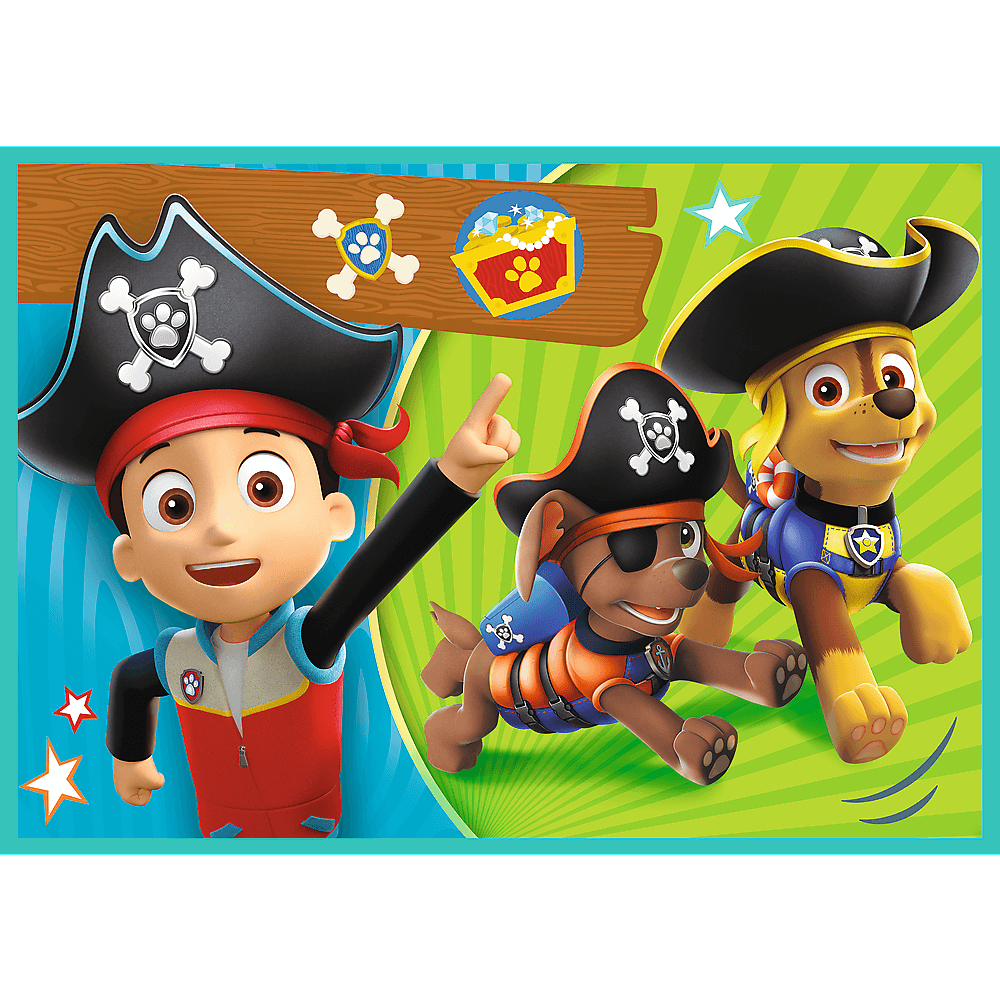 Personaggi di Paw Patrol in abiti da pirata. Ryder sta indicando. Chase e un cane stanno correndo.