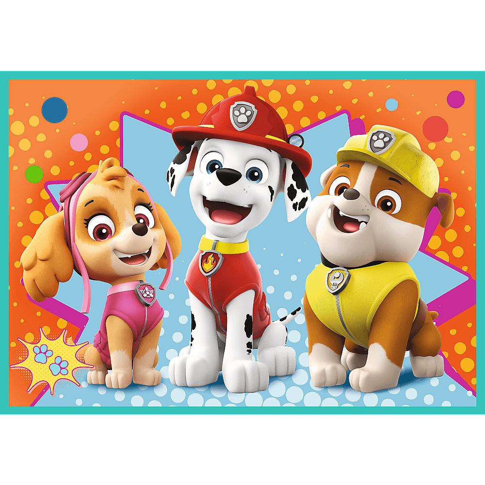 Personaggi di Paw Patrol: Skye, Marshall e Rubble sono davanti, con uno sfondo di stelle.