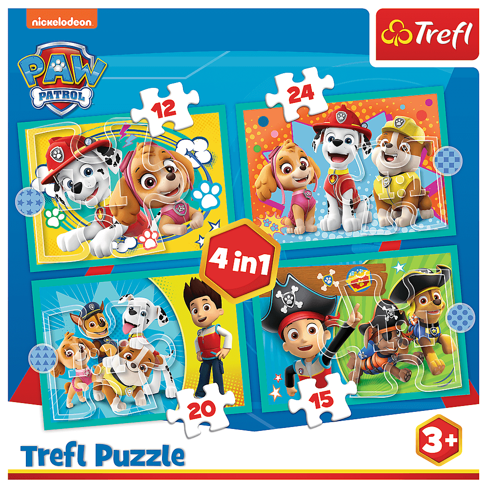 Una scatola di puzzle Trefl con quattro puzzle di Paw Patrol. I puzzle presentano personaggi diversi.