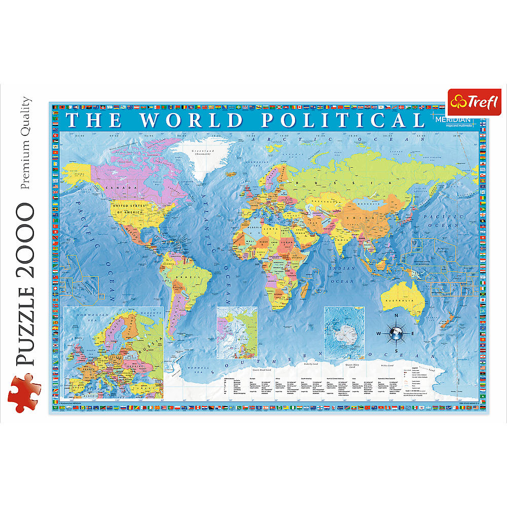 A world map puzzle with political boundaries and country flags around the edges.