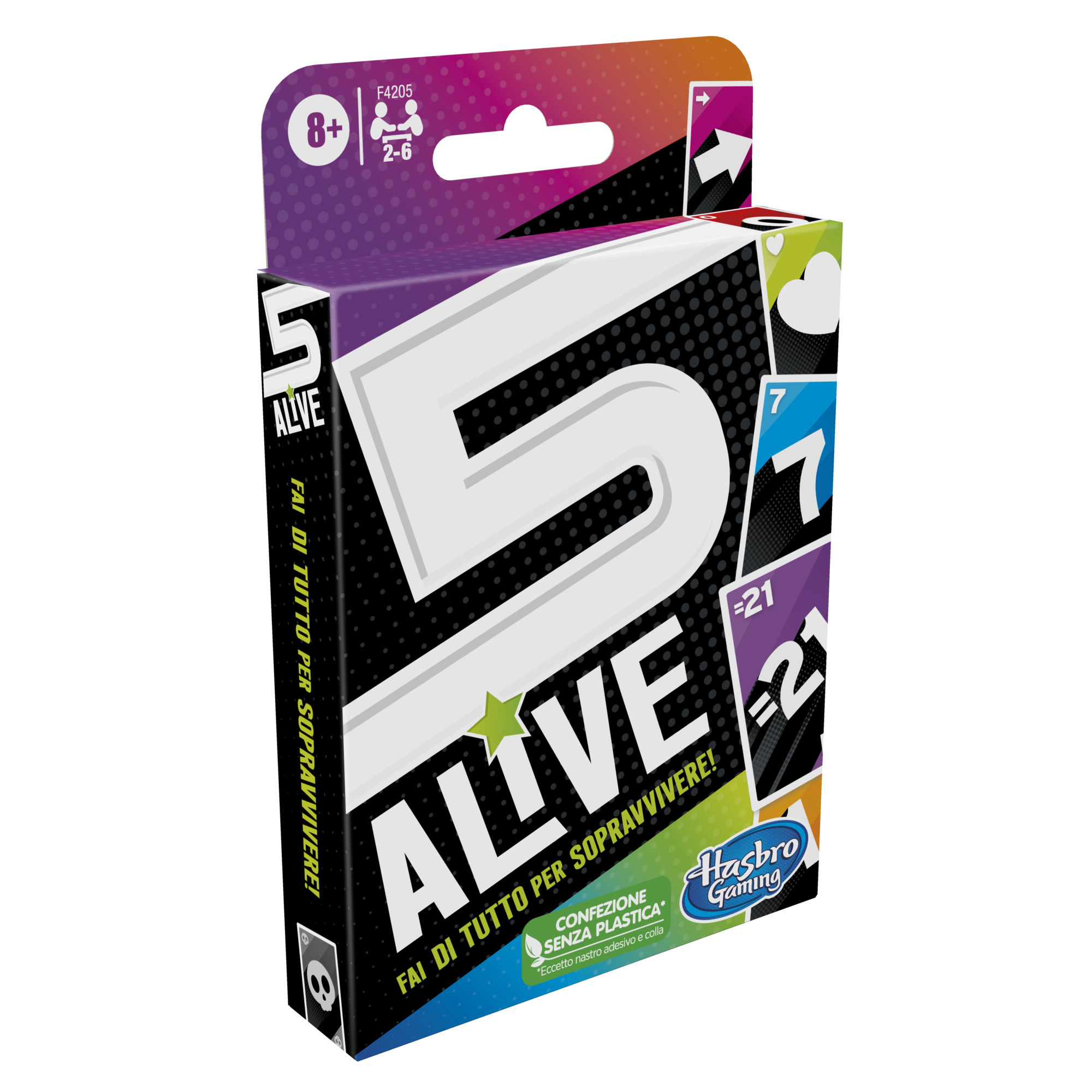 Kartenspielbox mit Text: 5 Alive, Kartenillustrationen und Spielelogo.