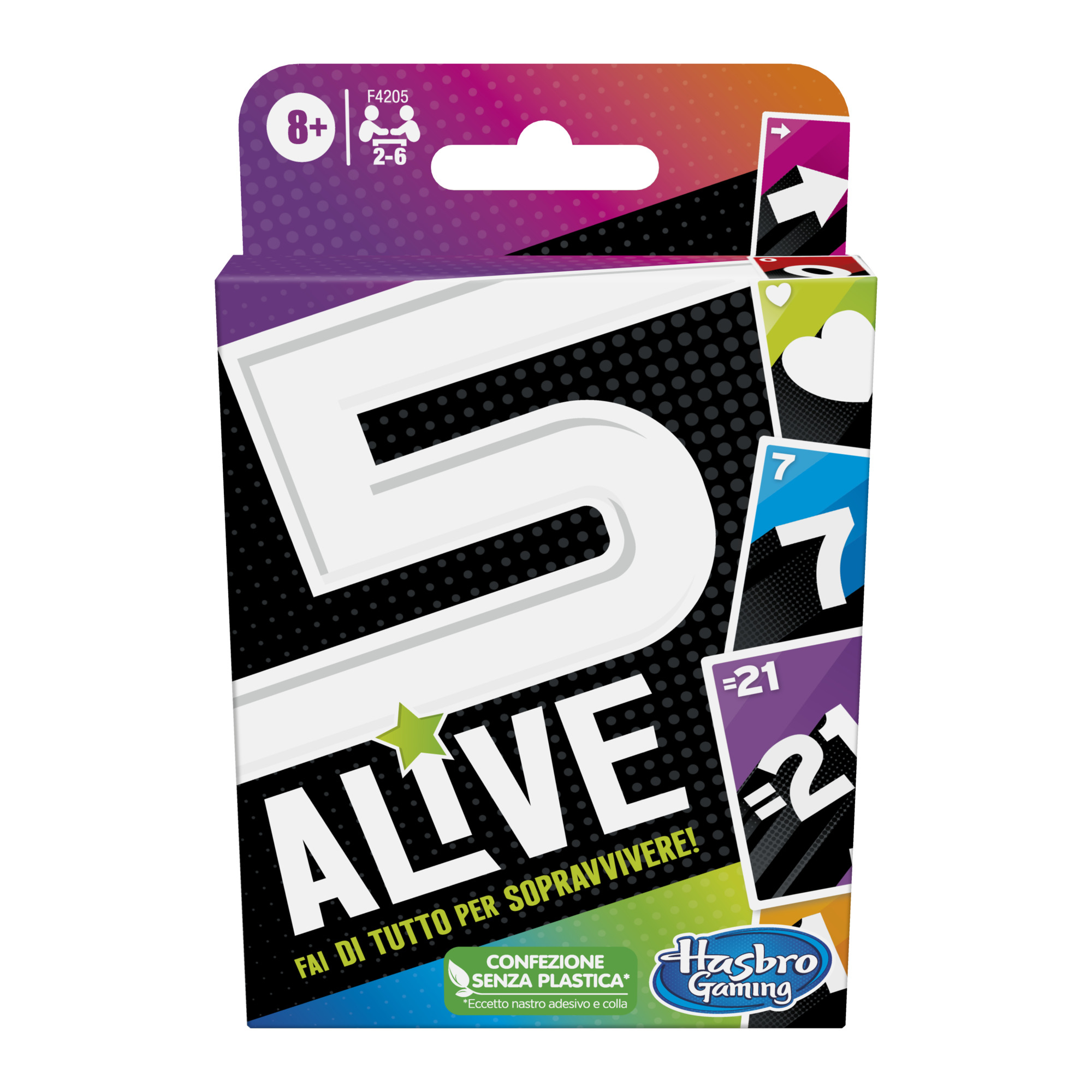 Schachtel des Spiels 5 Alive mit farbenfrohem Design, 5 Alive-Text und grünem Blatt. Die Schachtel sagt: Überlebe.