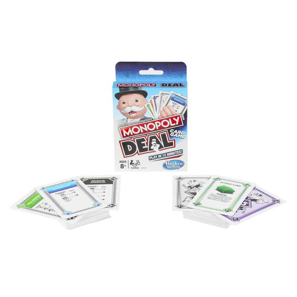 Pudełko gry karcianej Monopoly Deal, karty rozłożone na stole.