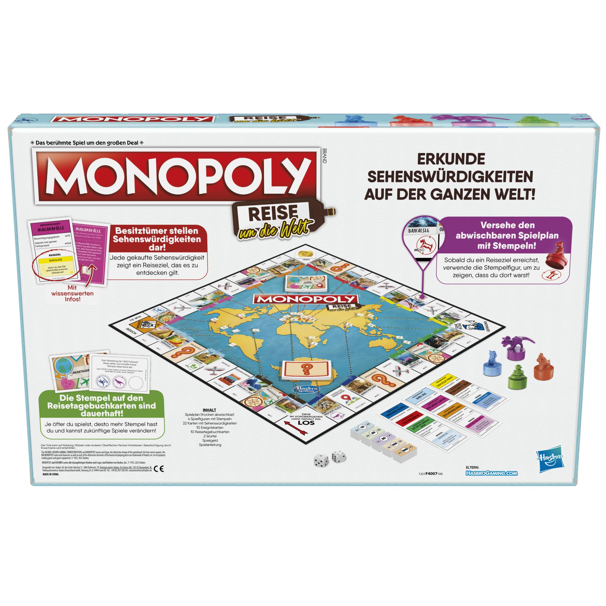 Monopoly-Brettspiel, bunt, mit Weltkarte, Karten, Würfeln und Spielfiguren.