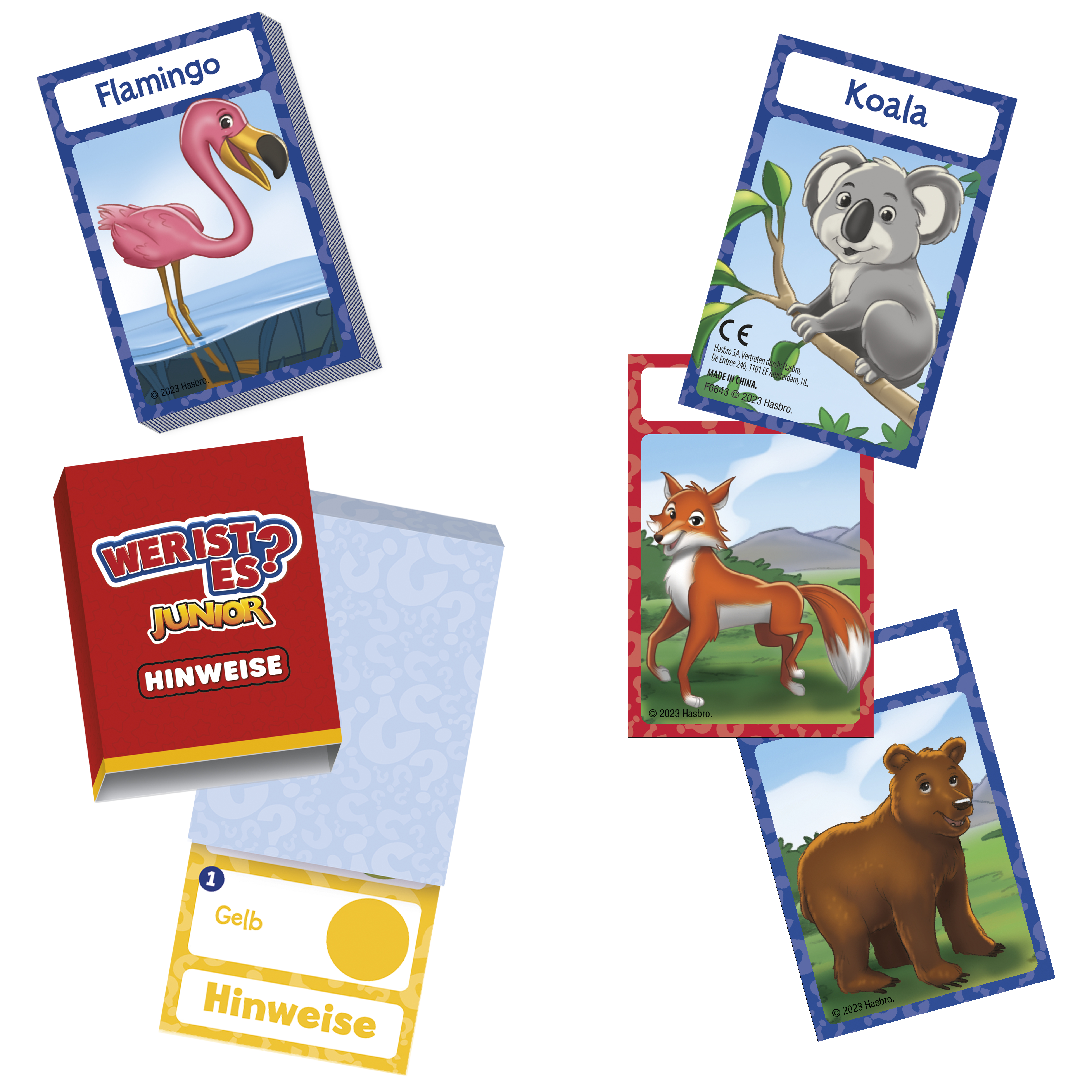 Kartenspiel mit Tierkarten und einer roten Box. Flamingo, Koala, Fuchs und Bär werden gezeigt.