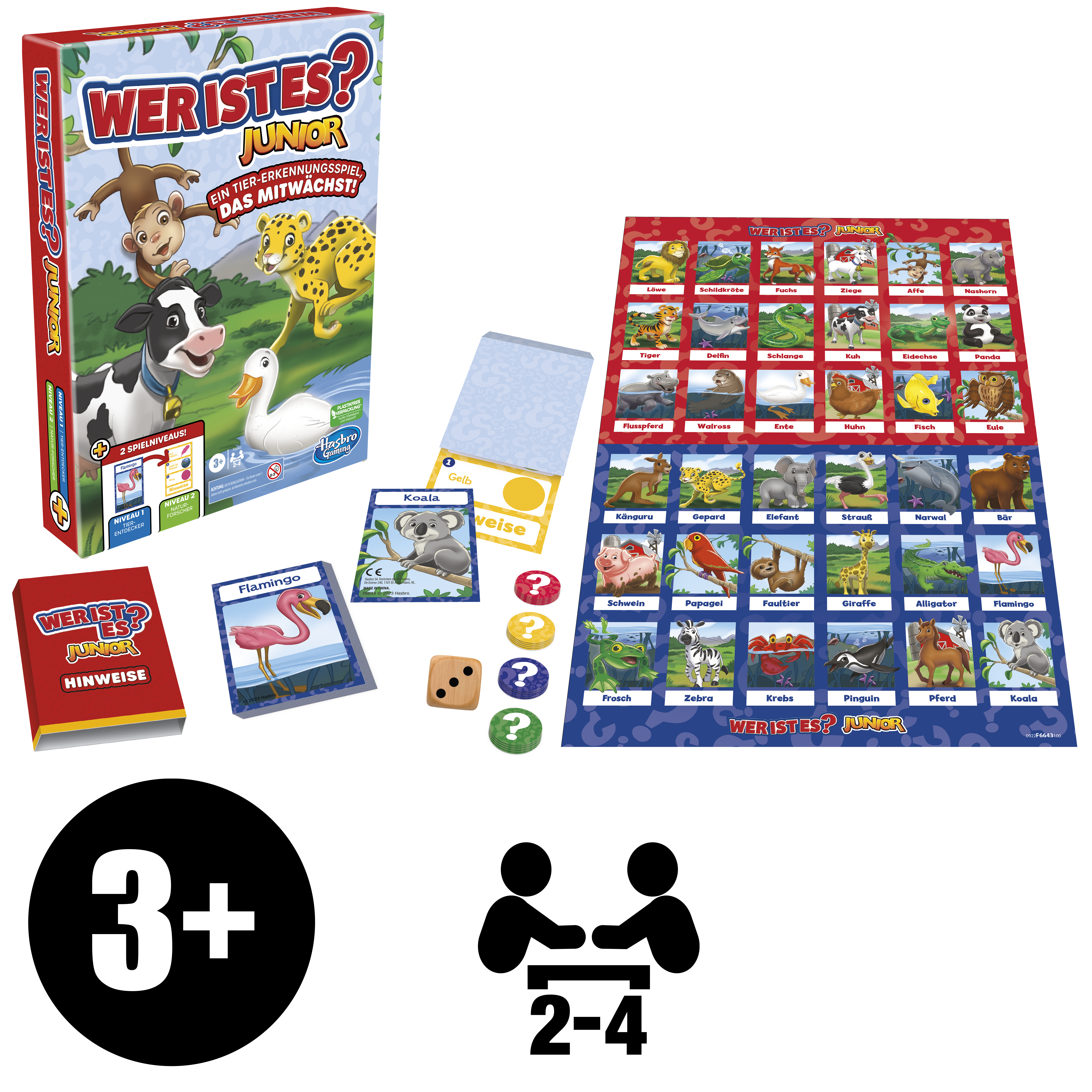 Eine Brettspielbox und Komponenten werden angezeigt. Ein Spielbrett, Karten, Würfel und Tierkarten werden gezeigt.