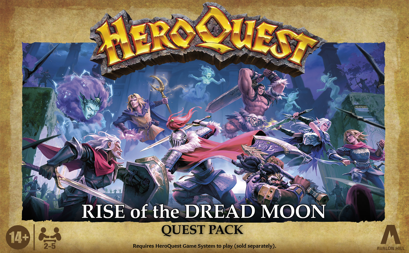 Die Spielbox für 'HeroQuest: Rise of the Dread Moon' mit Charakteren und Logo.