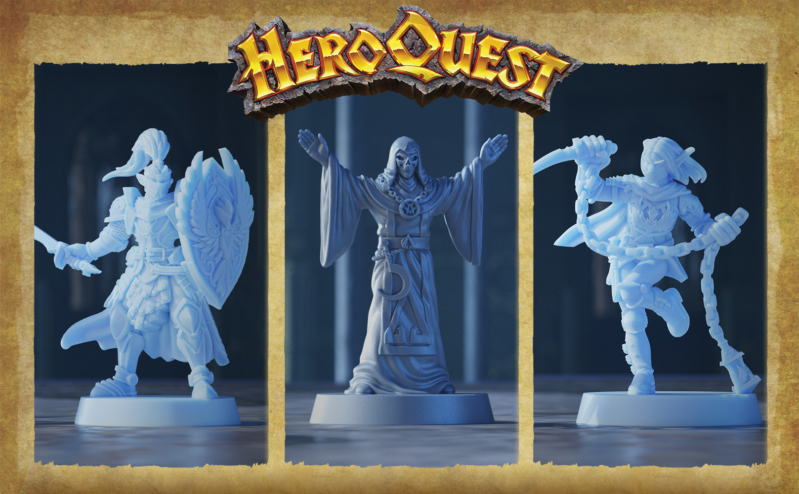Drei Figuren aus dem HeroQuest-Brettspiel, ein Ritter, ein Magier und ein Schurke.