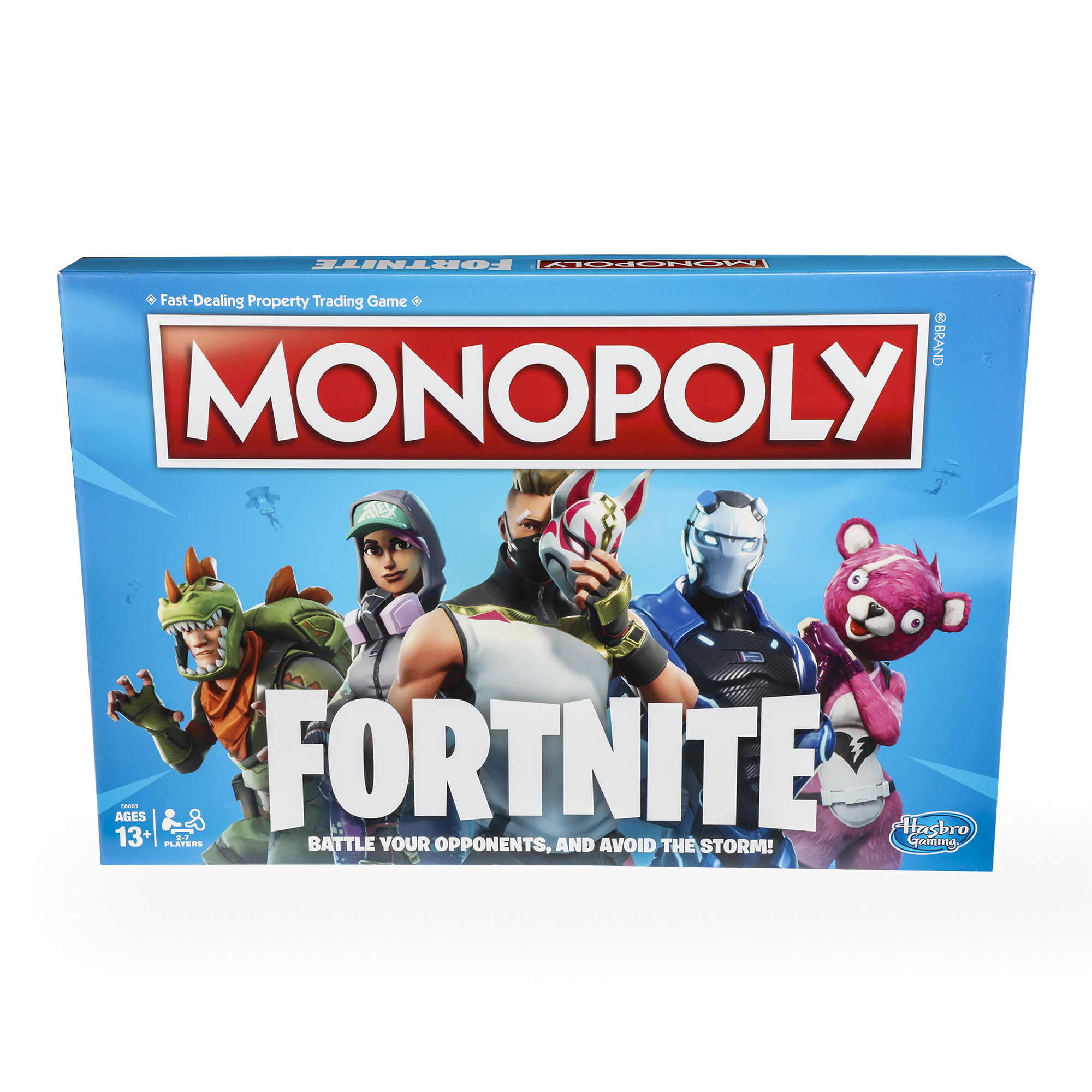 Monopoly Fortnite-Brettspielbox. Mit Charakteren und dem Spiellogo.
