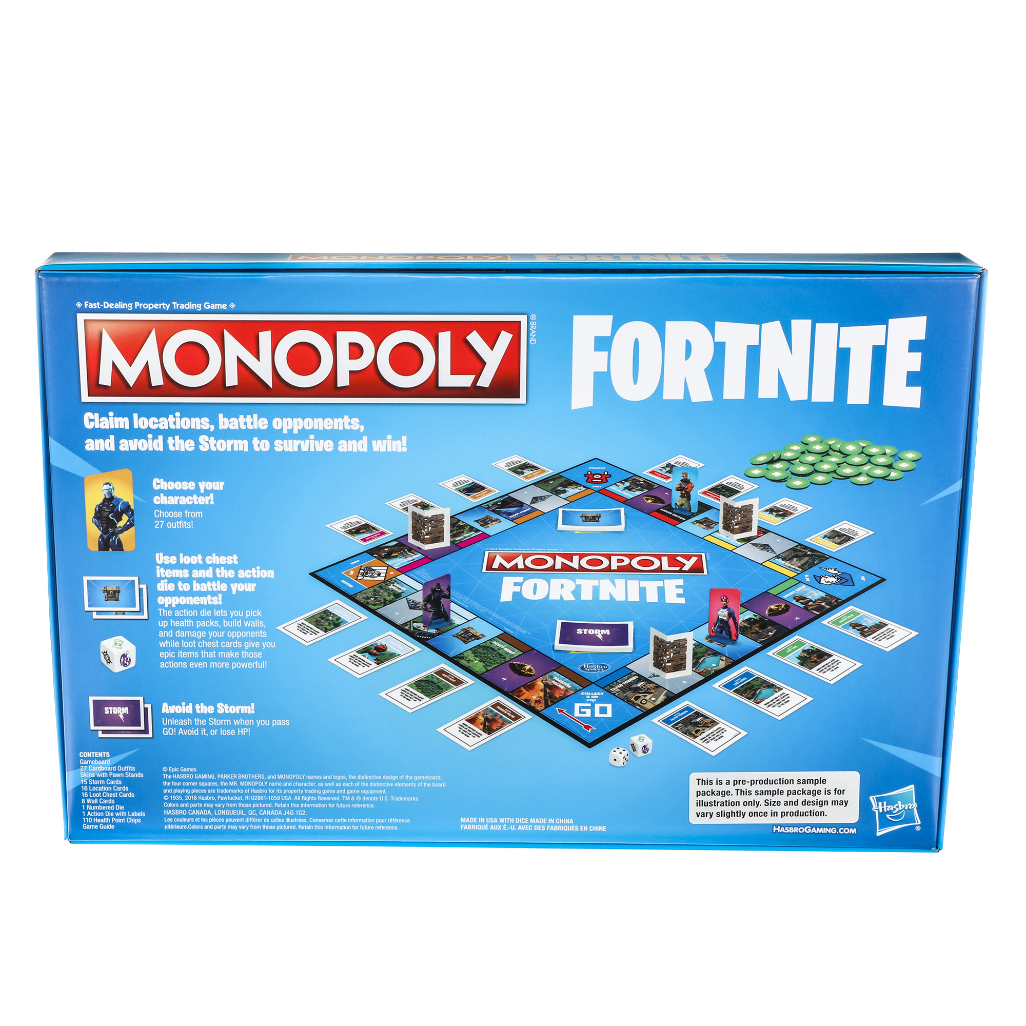 Monopoly Fortnite Brettspielbox, zeigt das Spielbrett und die Charaktere.