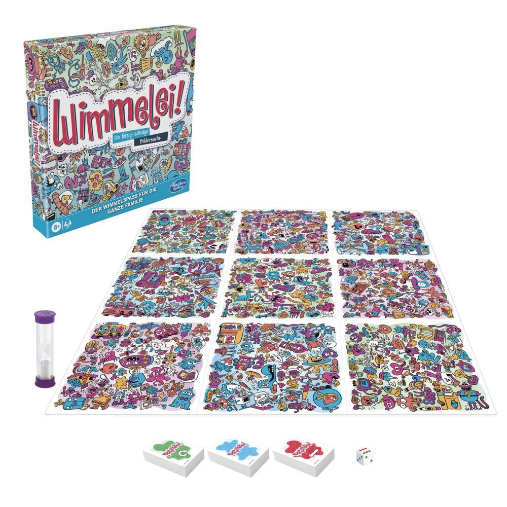 Eine Brettspielbox und Spielsteine. Das Spiel heißt 'Wimmelie!'