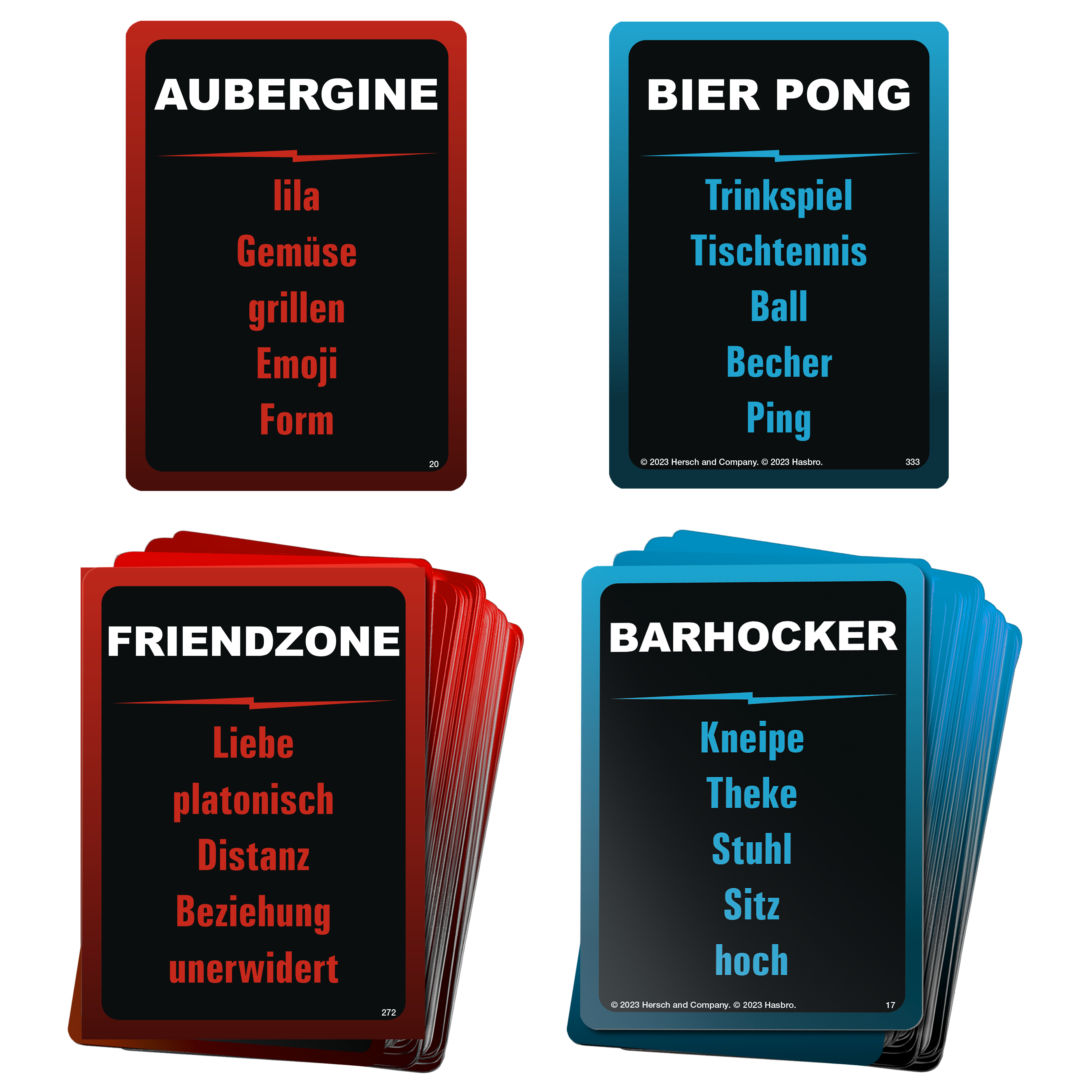 Cztery karty z Taboo Uncensored ze słowami: Bakłażan, Beer Pong, Strefa Przyjaciół, Bar.