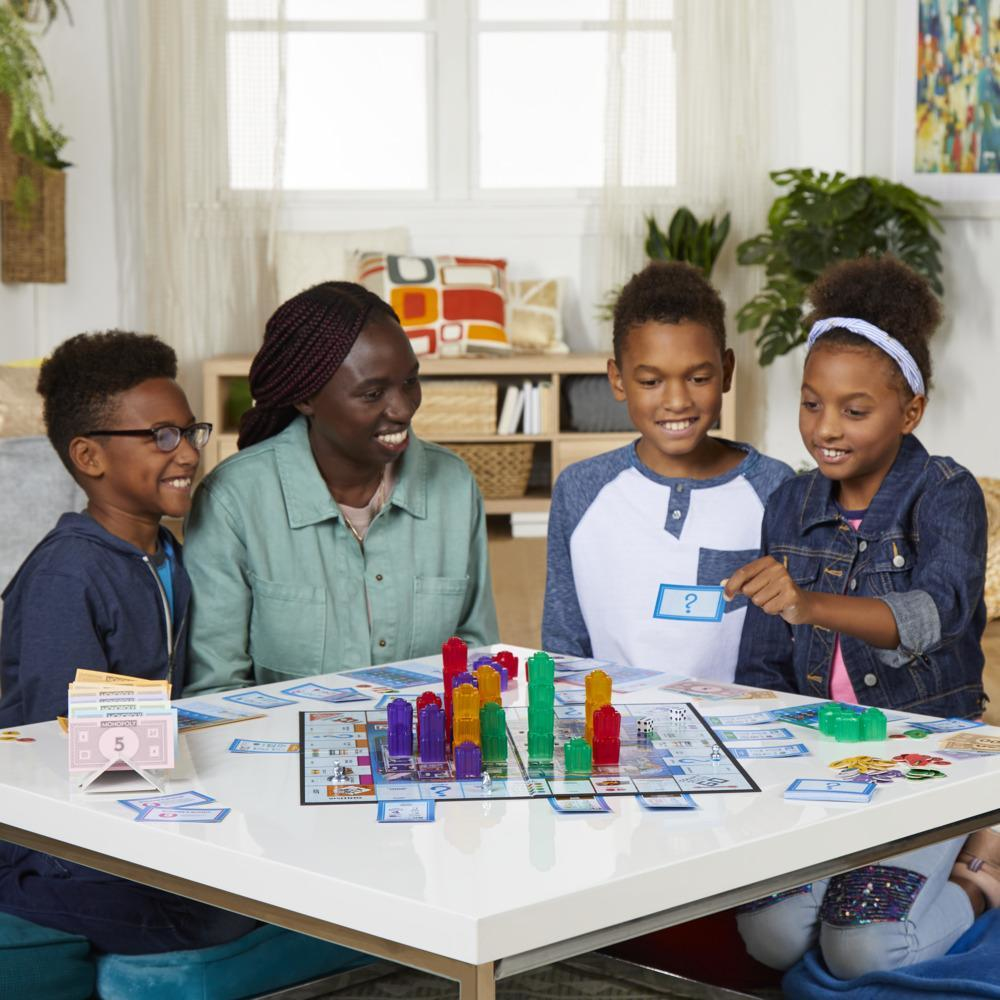 Eine Familie spielt Monopoly mit Spielbrett und mehreren Spielsteinen.