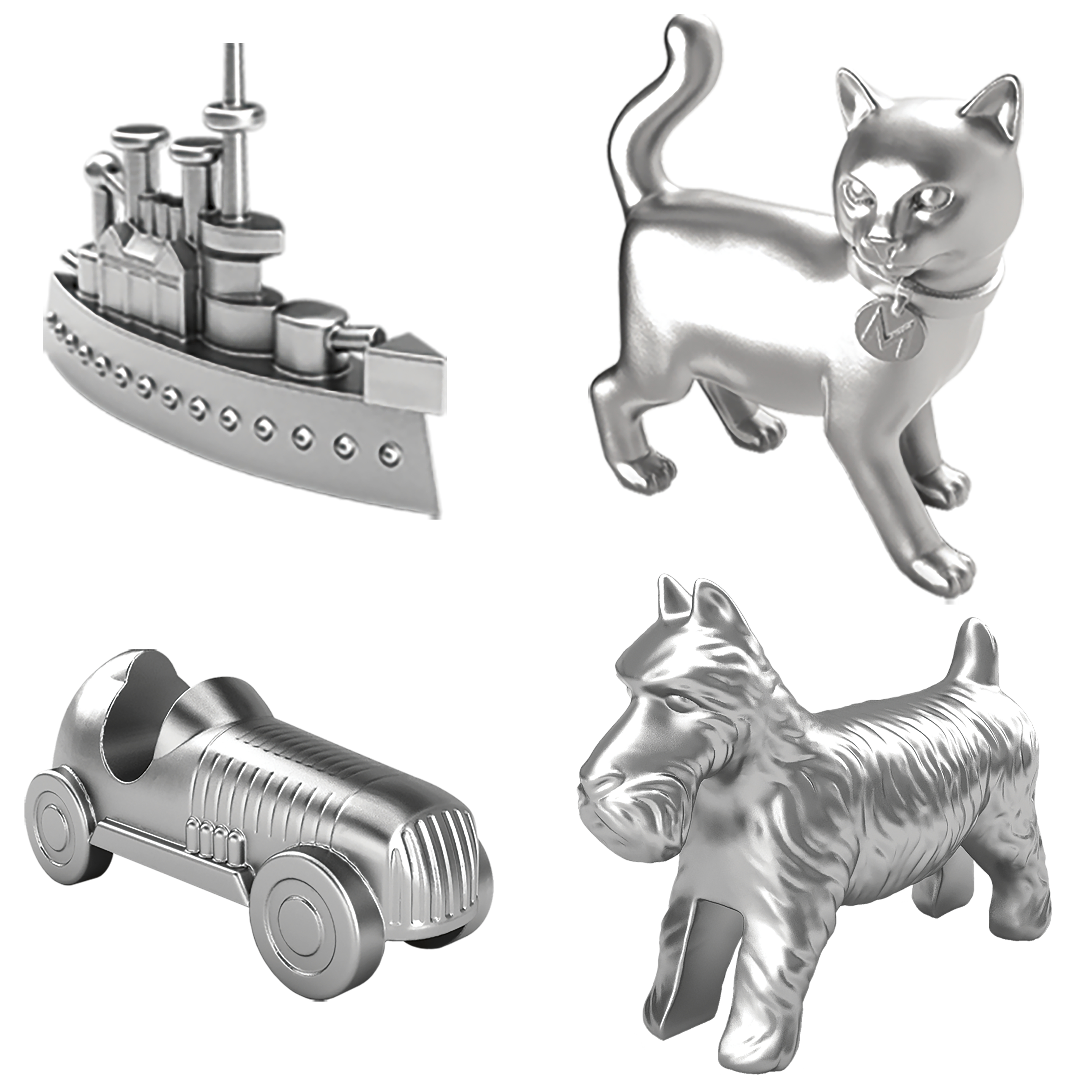 Figurki do gry w Monopoly: statek, samochód, kot i pies.