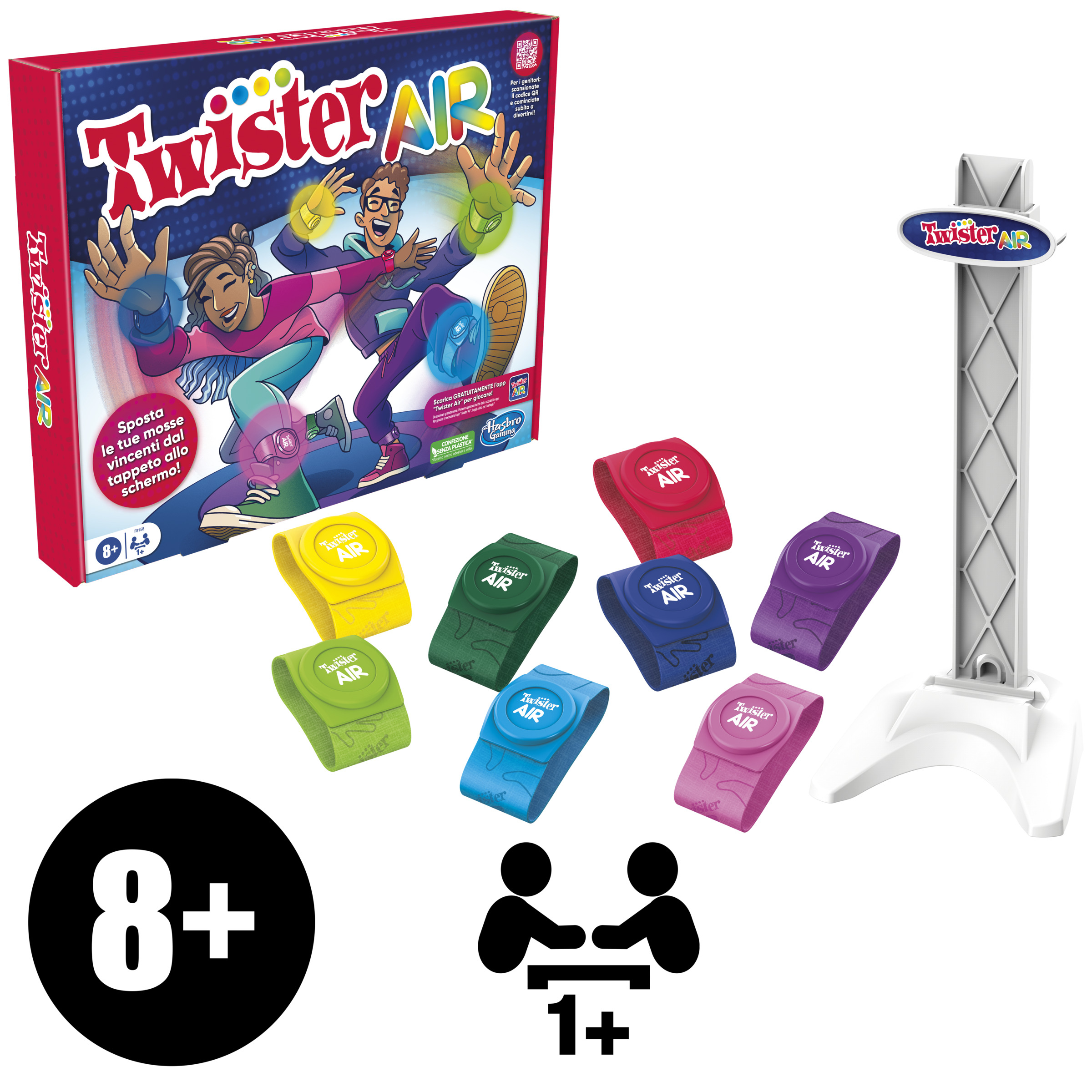 Twister Air Spielbox, Bänder und ein Ständer. Personen im Hintergrund.