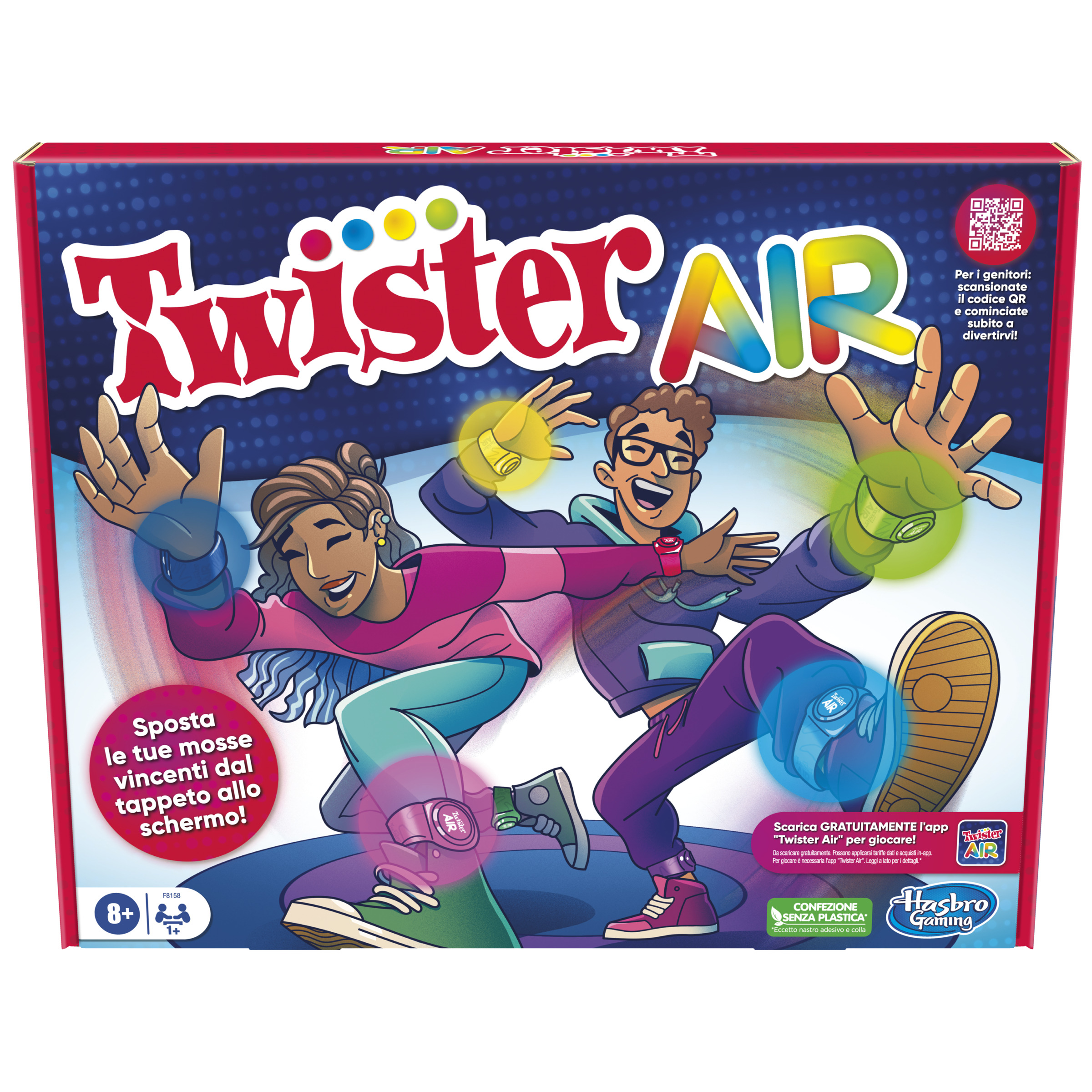 Eine Spielbox mit zwei spielenden Personen. Es hat ein farbenfrohes Design und einen Bildschirm.