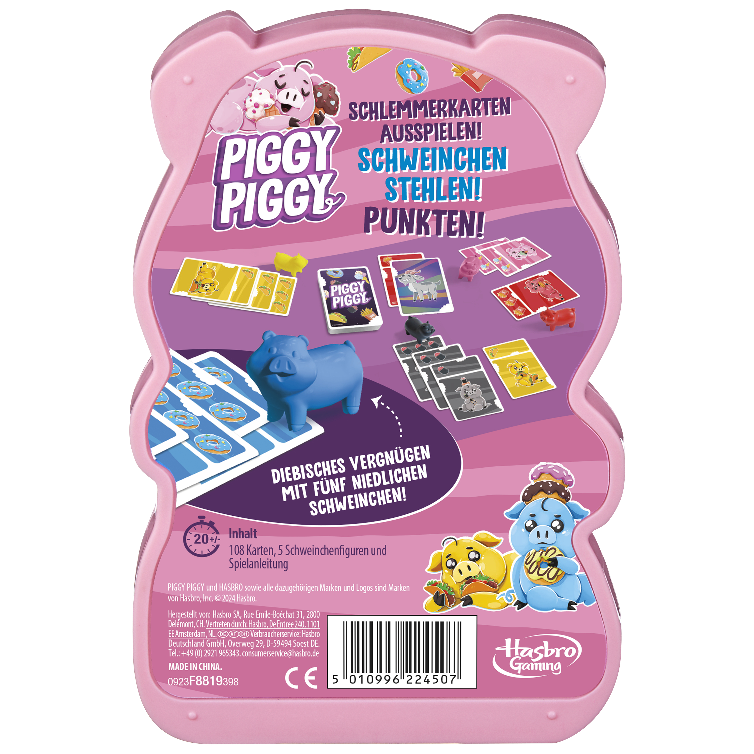 Różowe pudełko do gry w kształcie świnki. Zawiera karty, figurki świnek i tekst o grze.