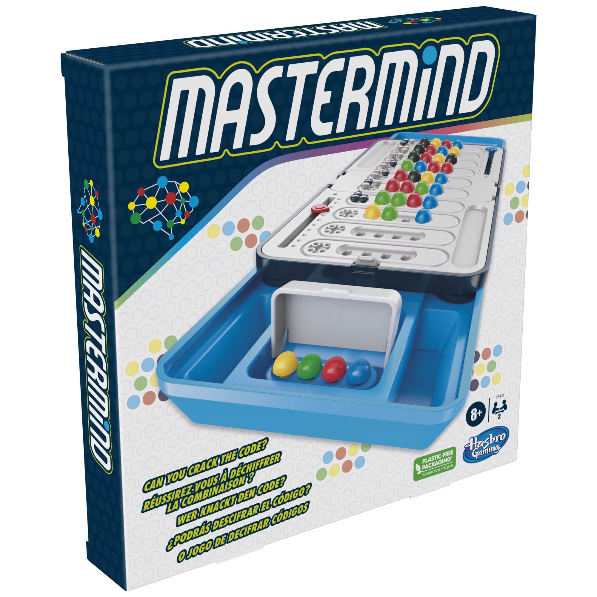 Mastermind-Brettspielbox. Die Box ist blau mit einem Spielbrett im Inneren.