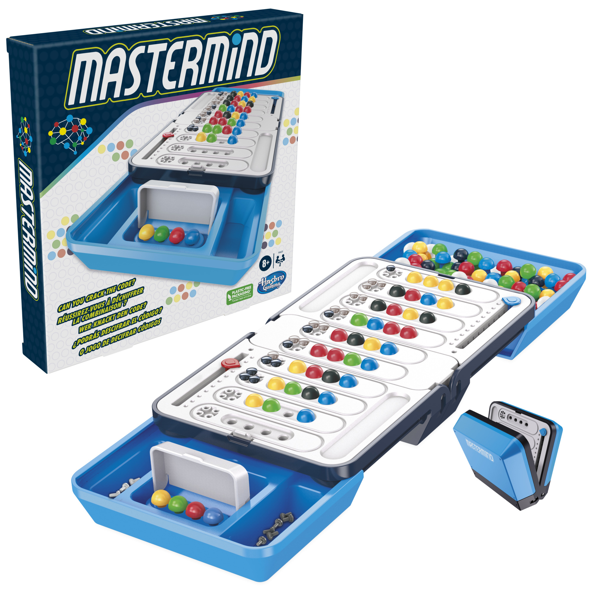 Mastermind-Spiel mit einer Box und einem offenen Spielbrett, das Spielsteine zeigt.