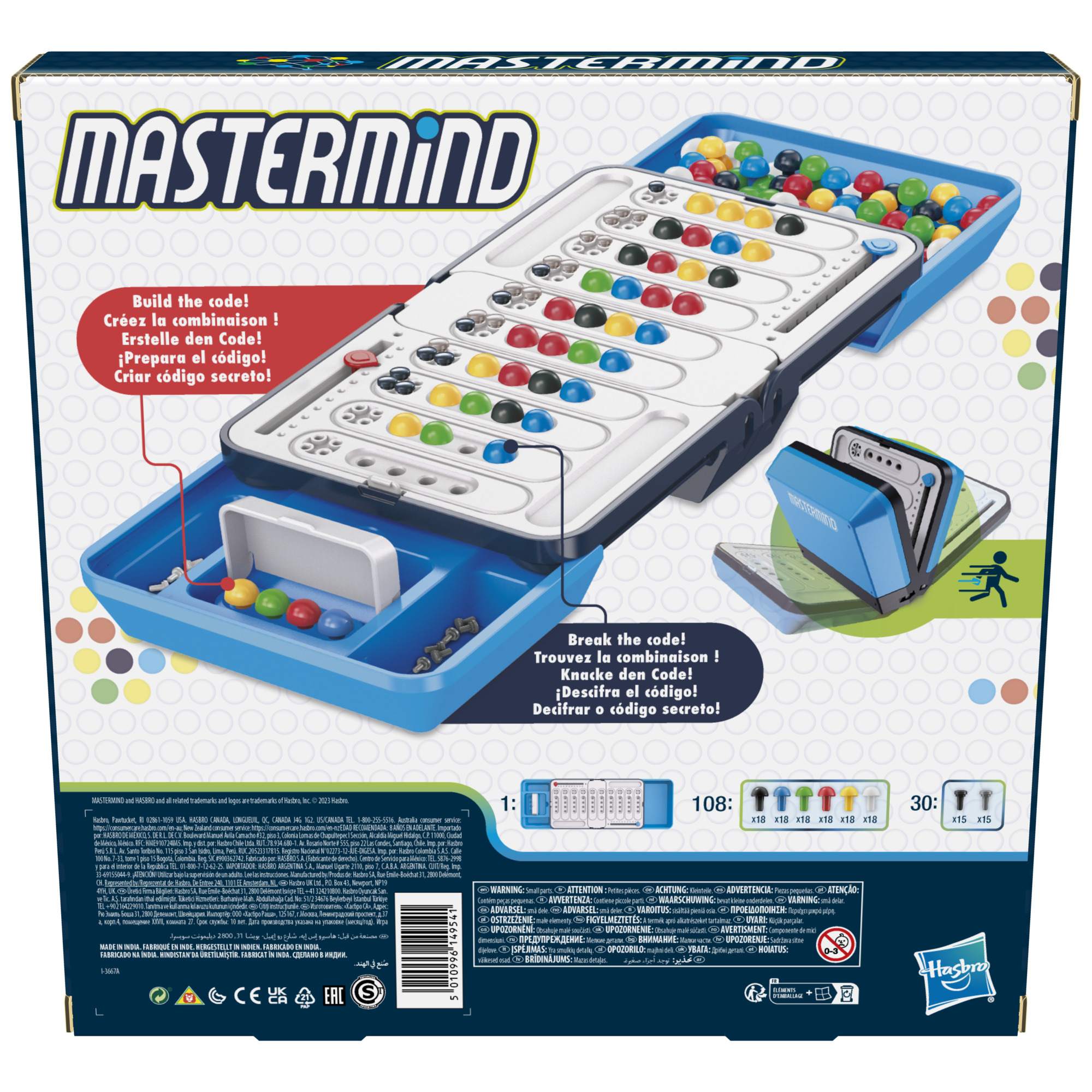 Mastermind-Brettspiel geöffnet, mit Spielsteinen und Anweisungen sichtbar.