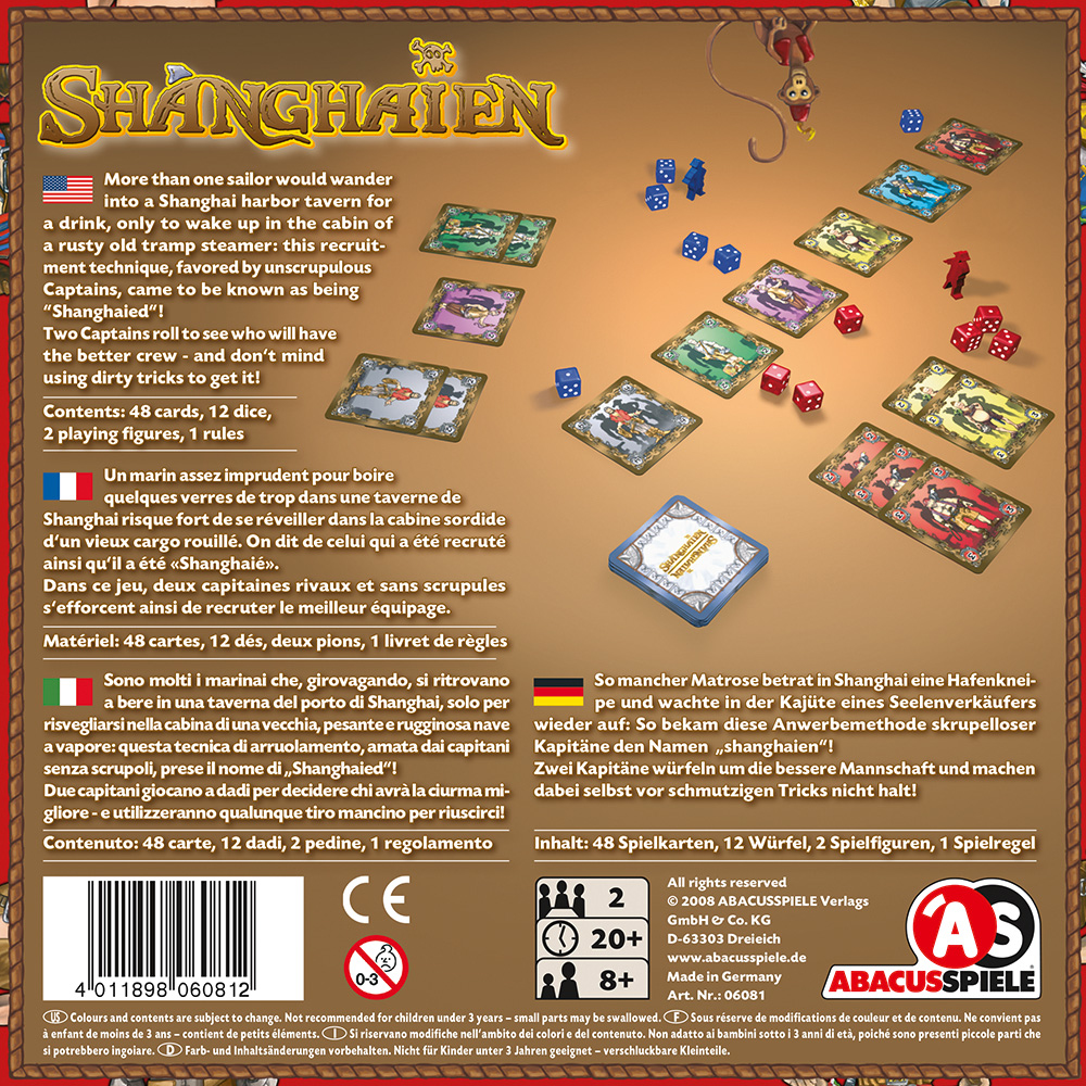 Brettspielbox, Anweisungen in mehreren Sprachen, mit Würfeln und Spielsteinen.