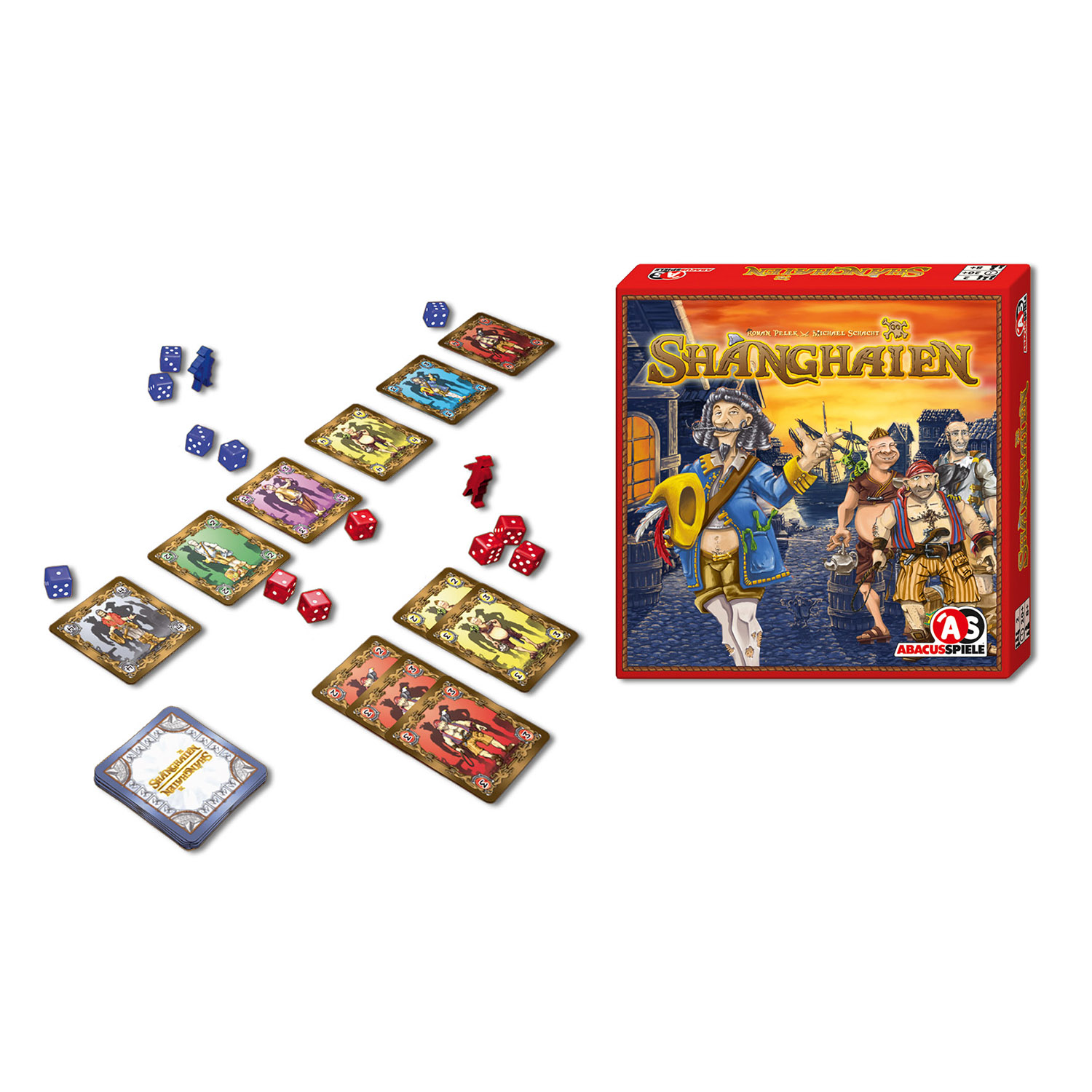 Eine Spielbox mit Karten und Würfeln, die verstreut sind. Die Box hat ein Piraten-Thema mit dem Spielnamen.