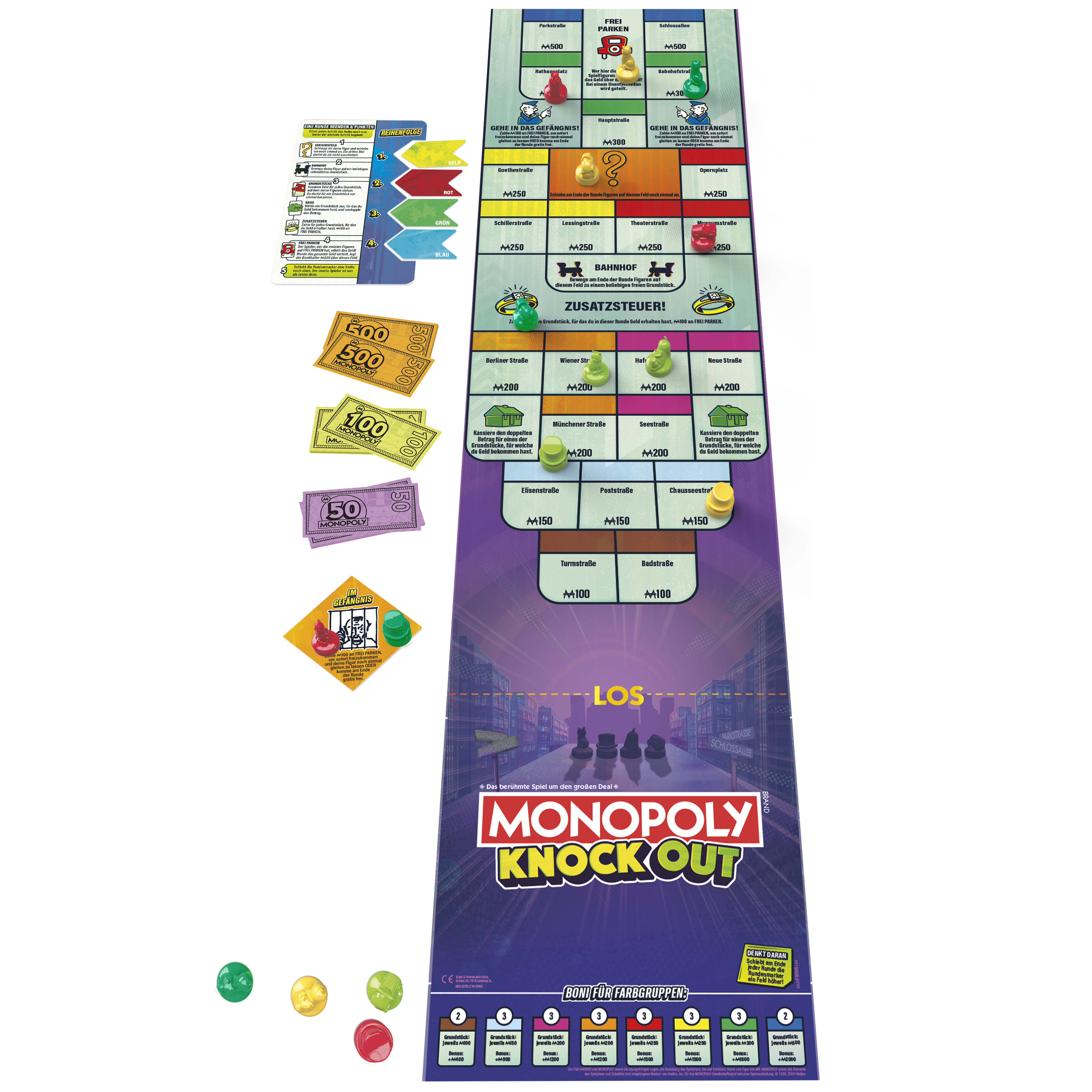 Gra planszowa Monopoly Knock Out z pionkami i pieniędzmi na białej powierzchni.