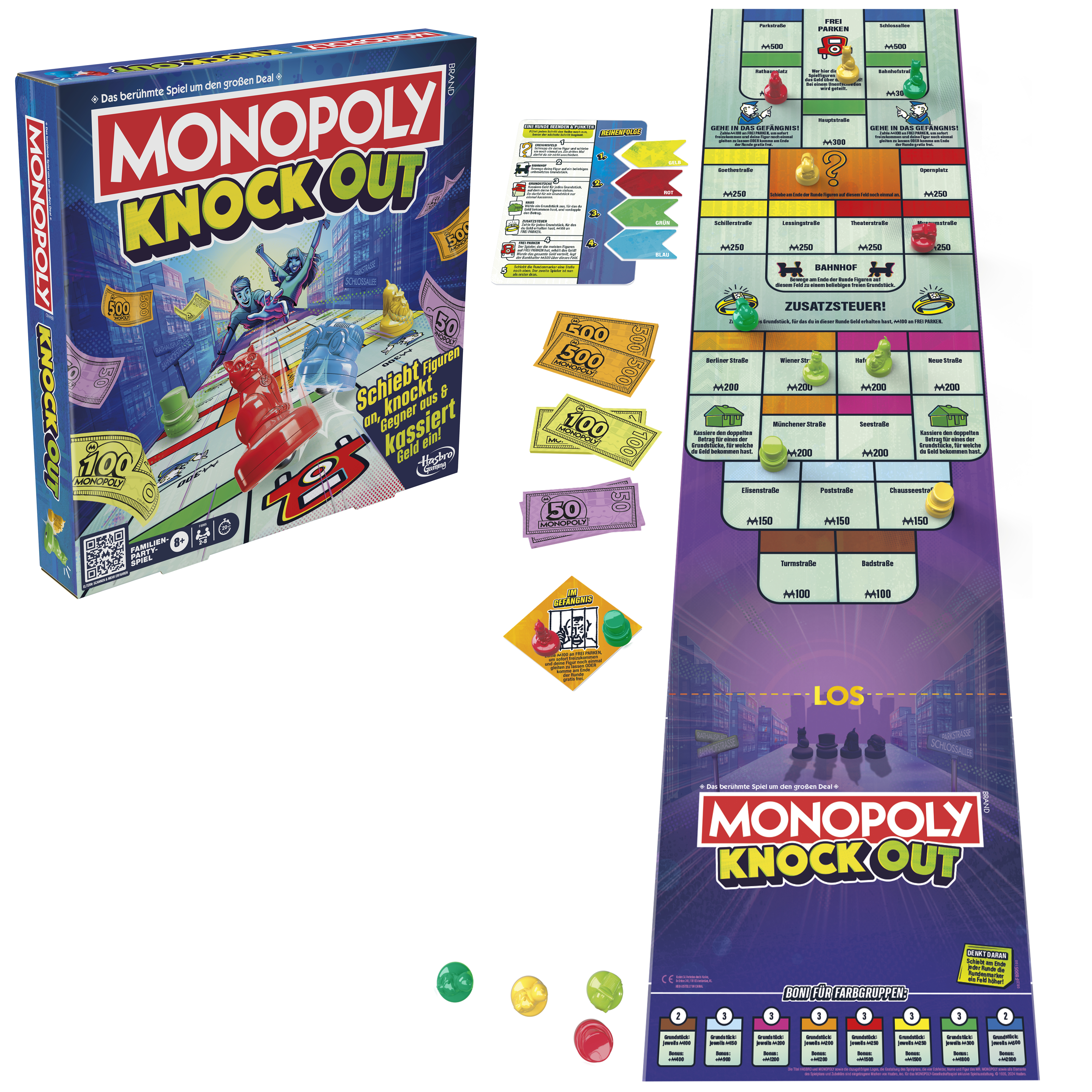 Pudełko gry Monopoly Knock Out z planszą i akcesoriami.