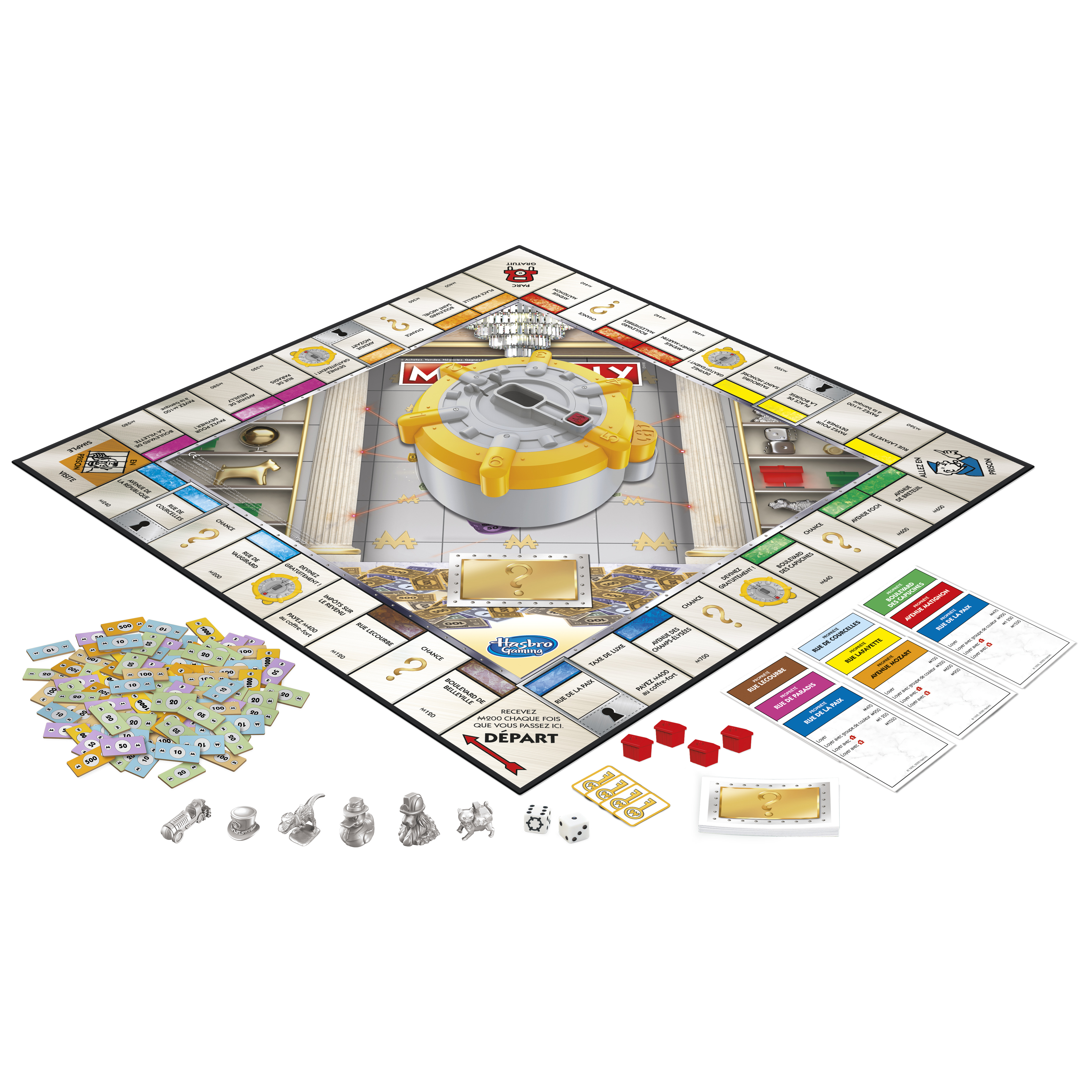 Juego de mesa Monopoly, con tablero, cartas, dinero y otros accesorios.
