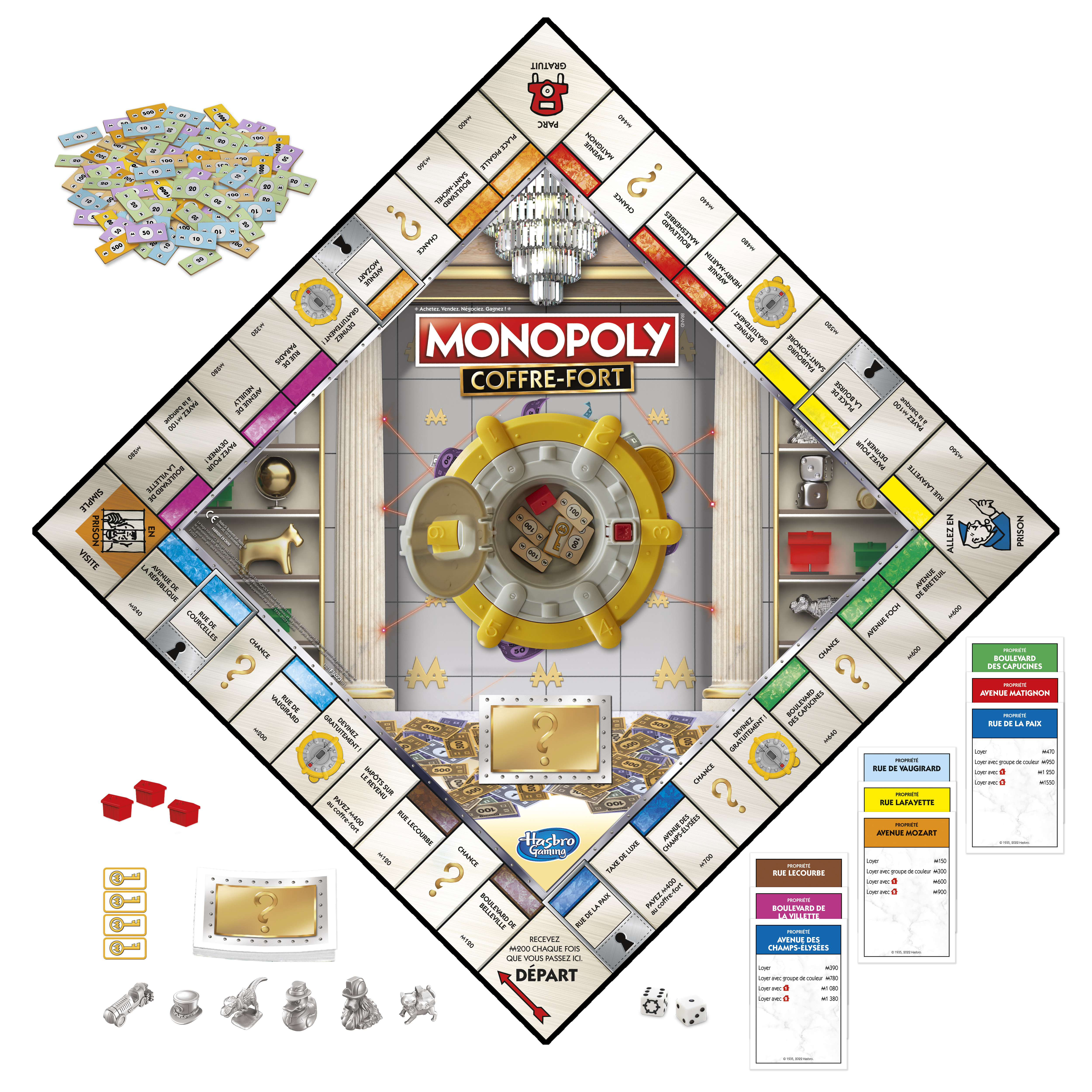 Juego de mesa Monopoly. Bóveda central y tablero con propiedades. Dados y fichas.