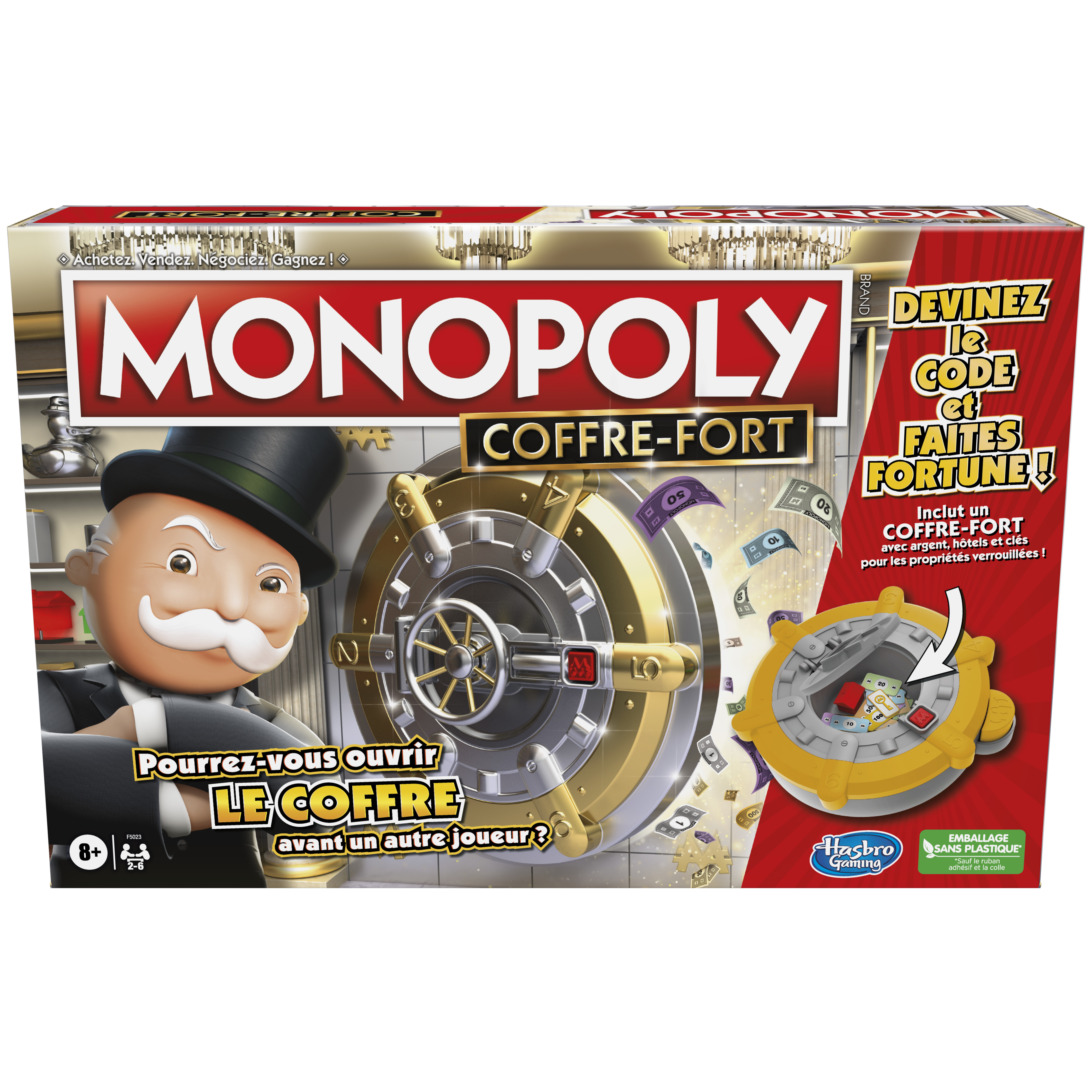 Caja del juego de mesa Monopoly. Muestra una caja fuerte y una pieza del juego que se inserta en ella. Texto en francés.