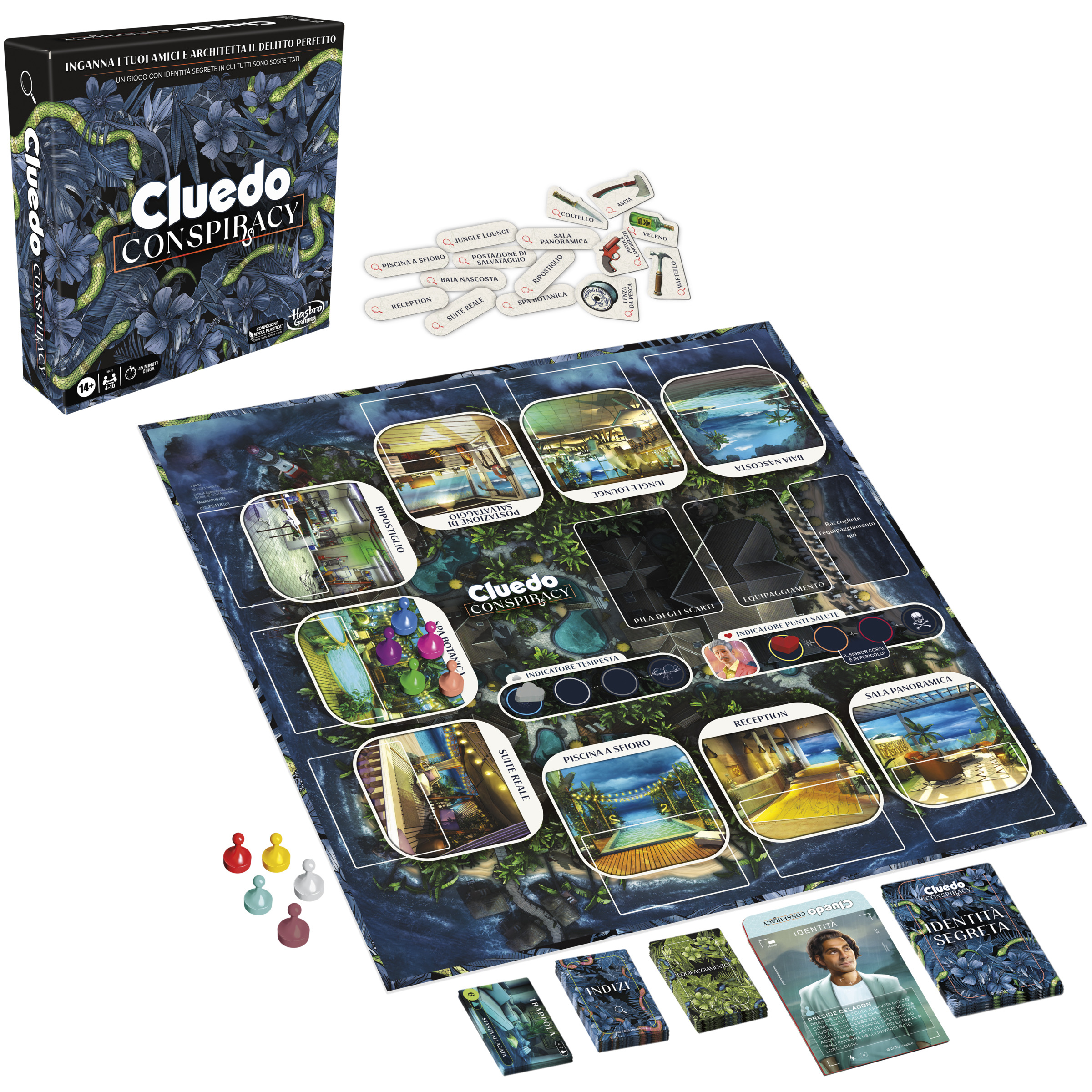 Eine Cluedo-Brettspielbox und Komponenten auf einer weißen Oberfläche.