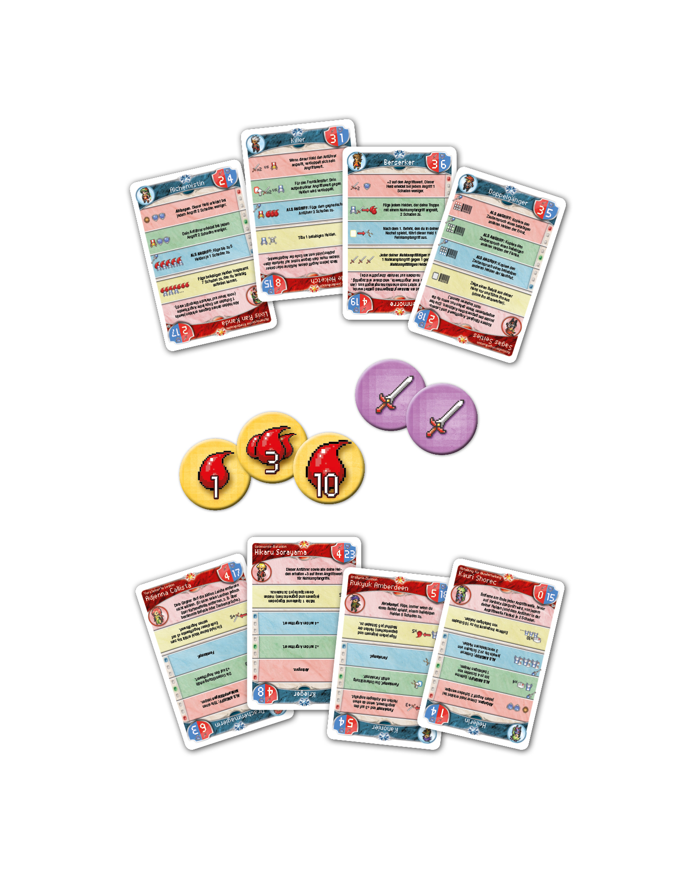 Karten und Spielsteine ​​aus einem Brettspiel sind auf einer weißen Oberfläche angeordnet.