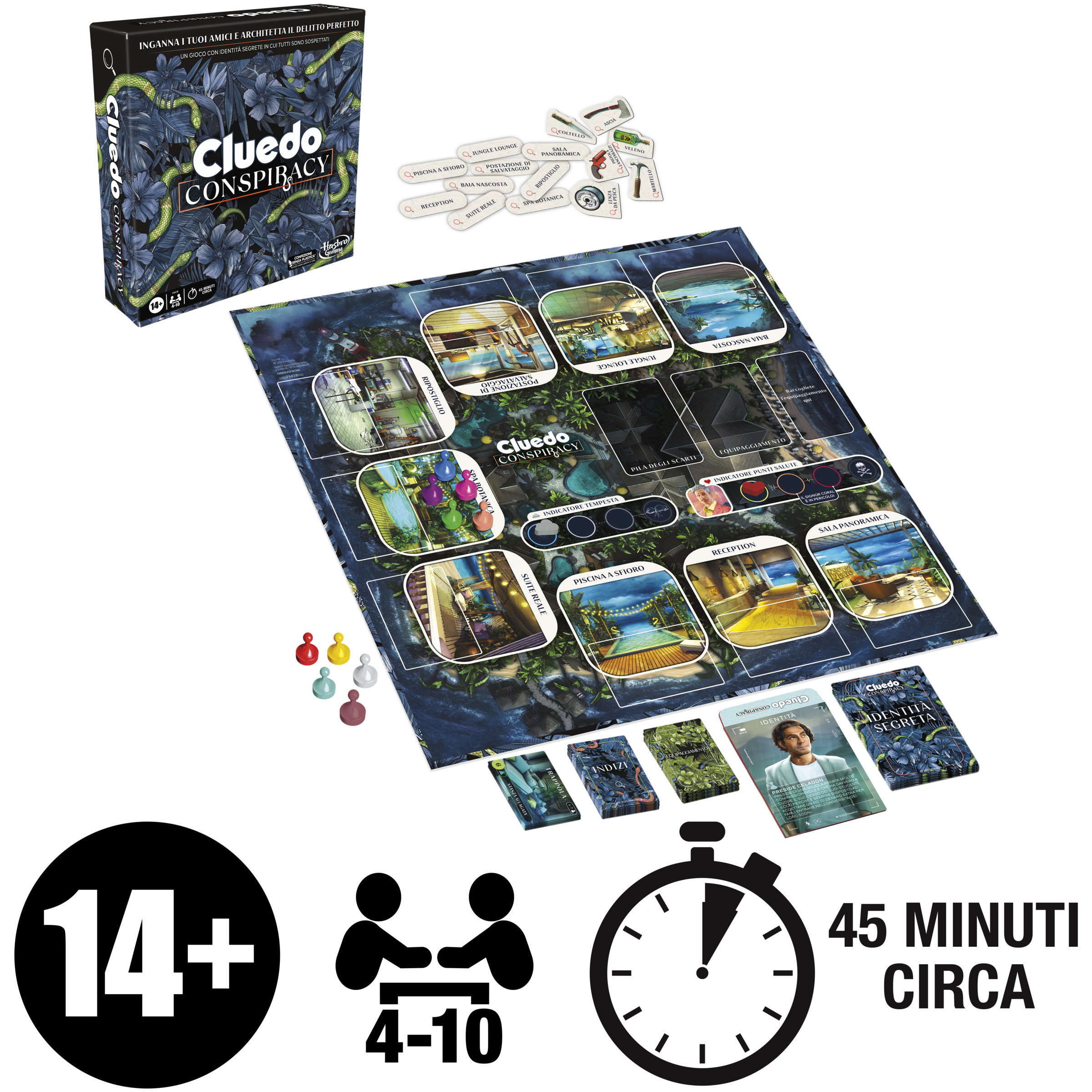 Cluedo-Brettspiel mit Schachtel, Karten, Würfeln und Spielfiguren. Das Spielbrett hat mehrere Räume.