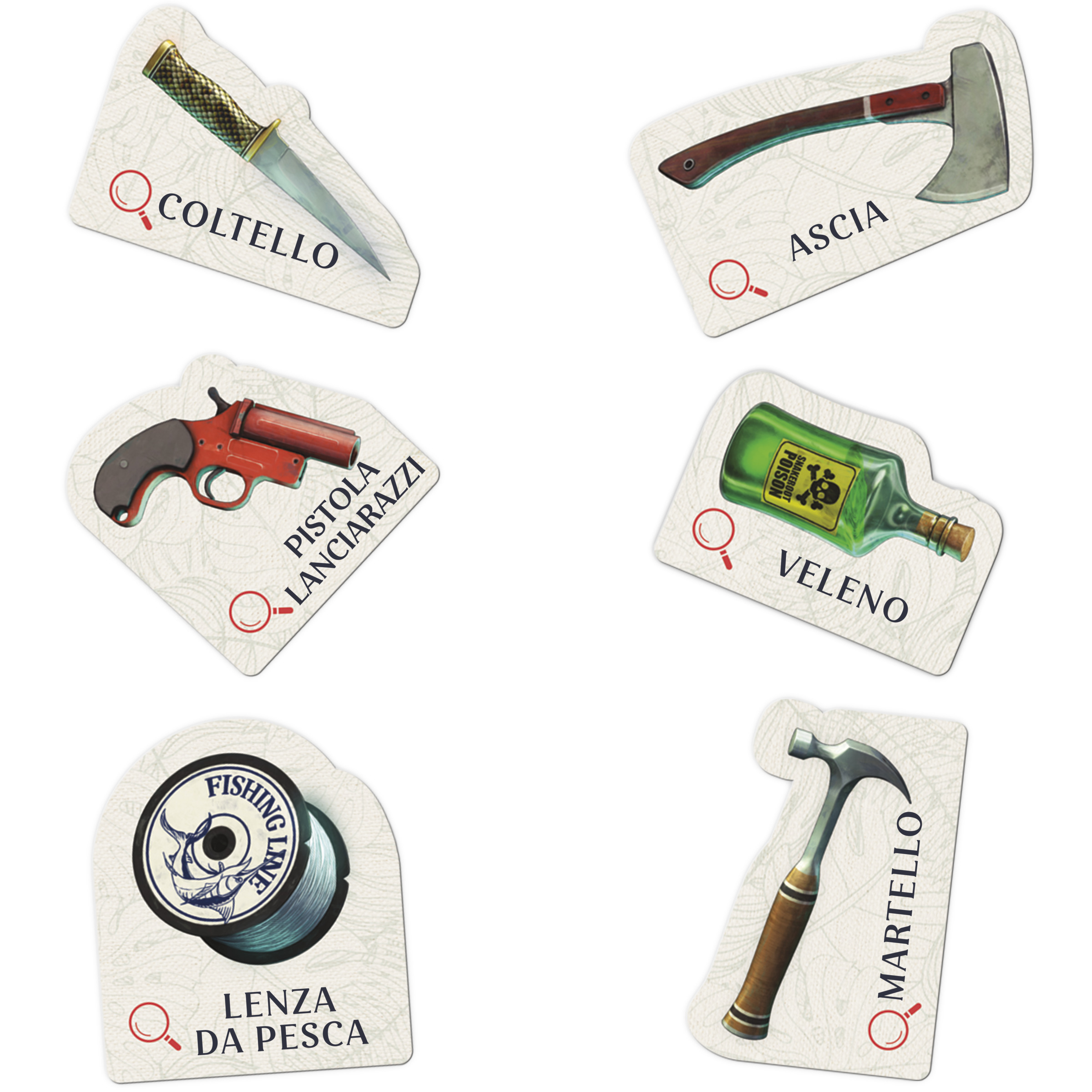 Spielkarten mit Illustrationen von Waffen: Messer, Axt, Pistole, Gift, Angelschnur und Hammer.