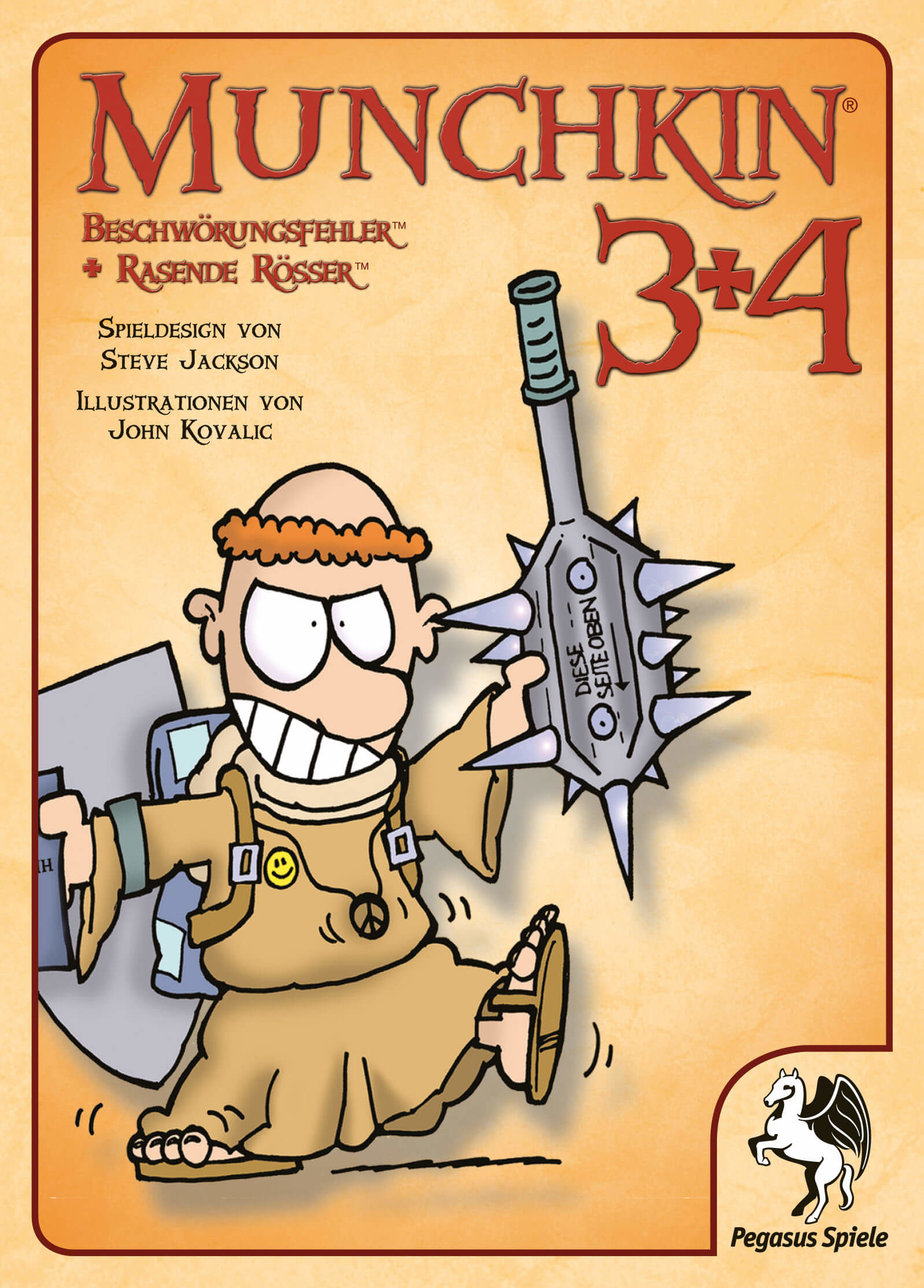 Munchkin 3+4 Brettspielbox. Cartoon-Figur mit Stachelwaffe.