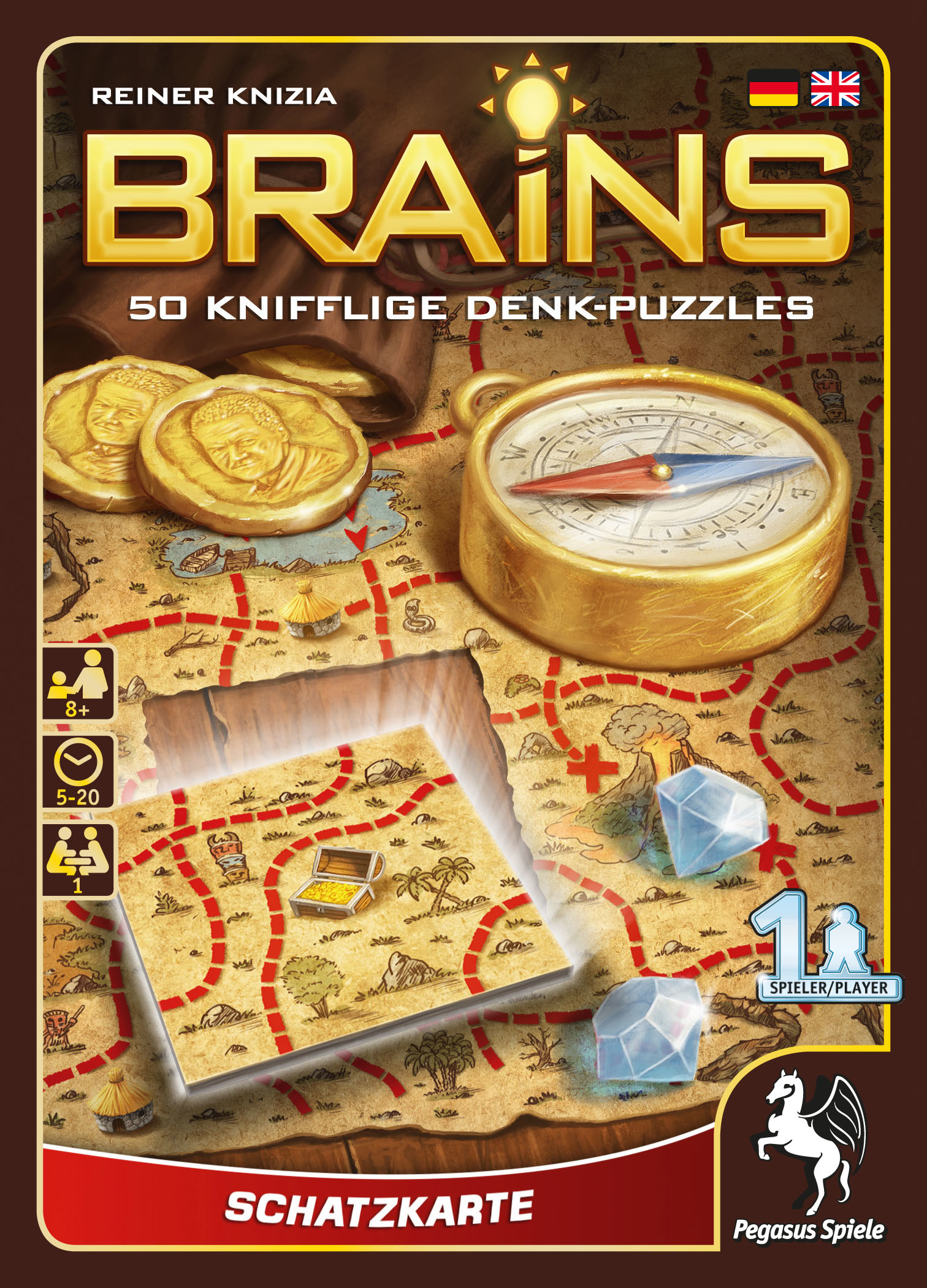 Brettspielcover mit Schatzkarte und Kompass, Text auf Deutsch und Englisch.
