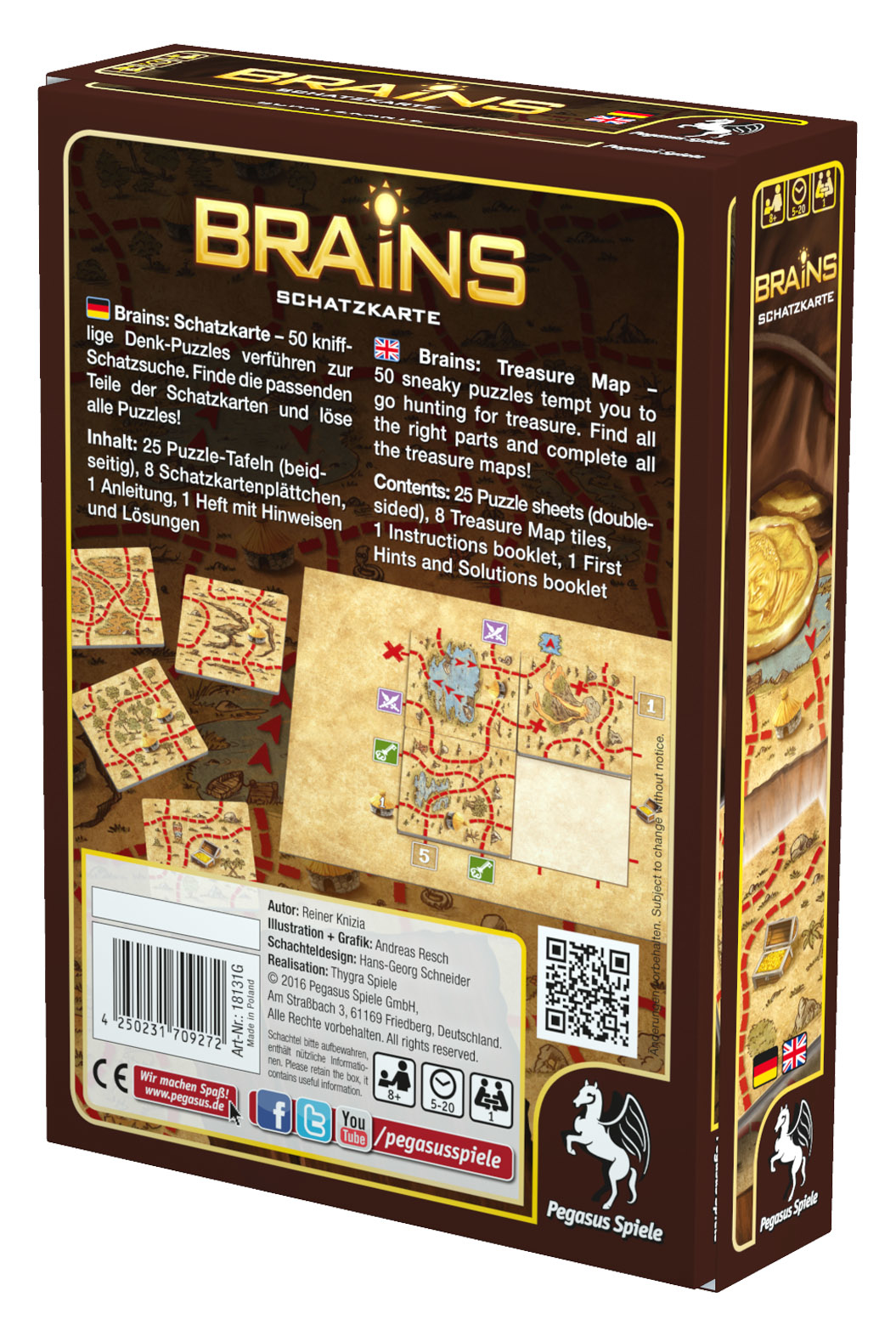 Die Rückseite einer Brains-Brettspielbox mit Spieldetails, Anweisungen und einem Schatzkarten-Design.