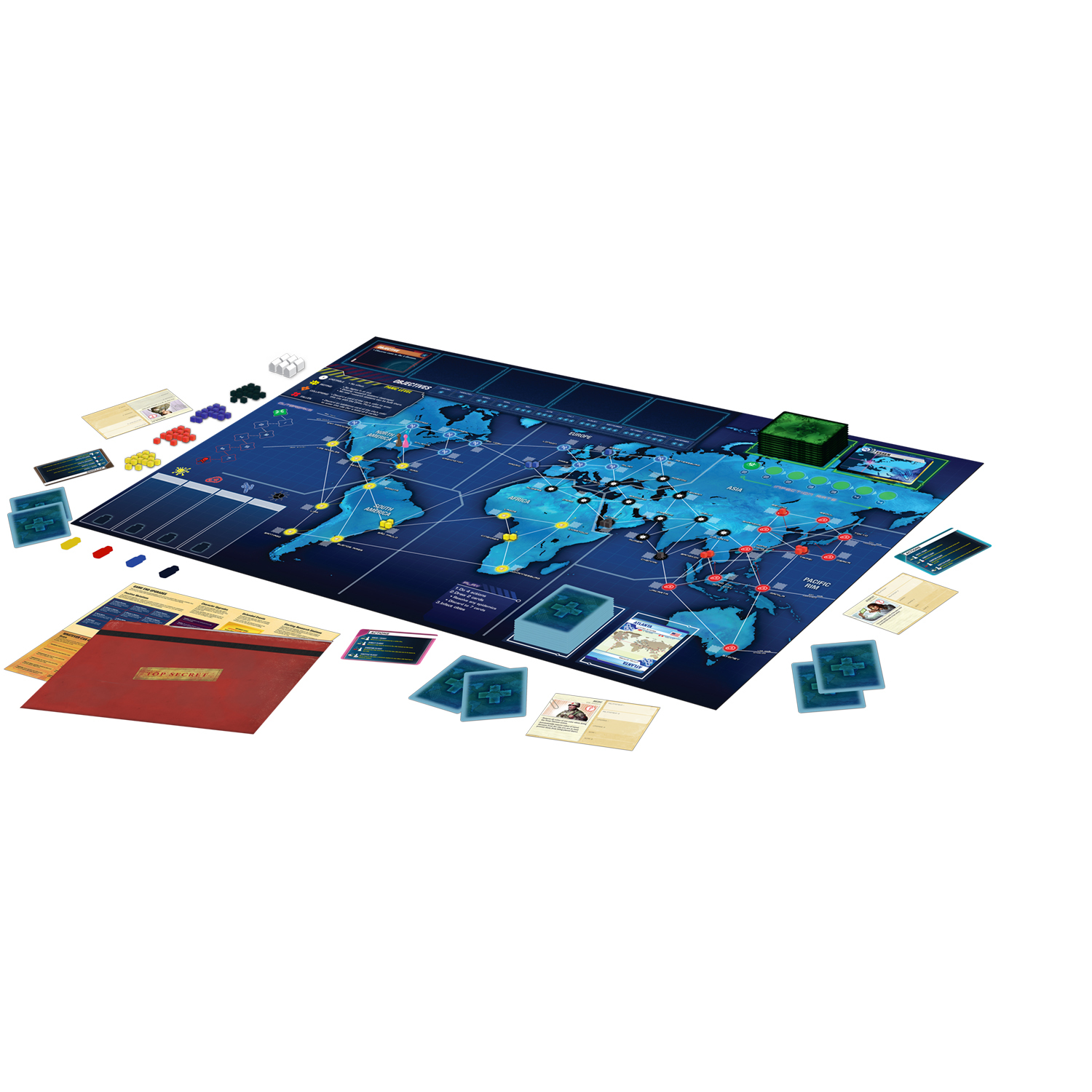 Ein Brettspiel-Setup mit Karte, Karten, Würfeln und Spielsteinen, spielbereit.