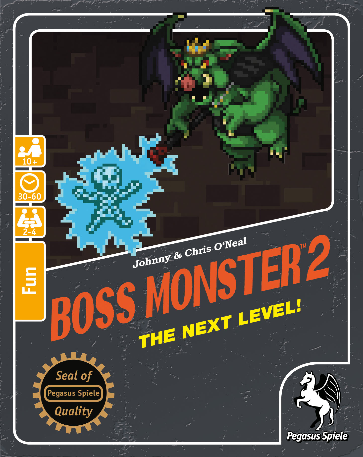 Boss Monster 2 Kartenspielbox. Box-Art mit grünem Monster und blauem Skelett.