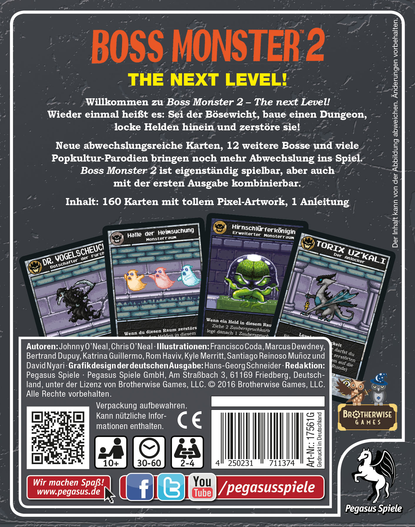Eine Spielbox mit Text und Bildern, mit Charakteren und Spielkomponenten auf weißem Hintergrund.