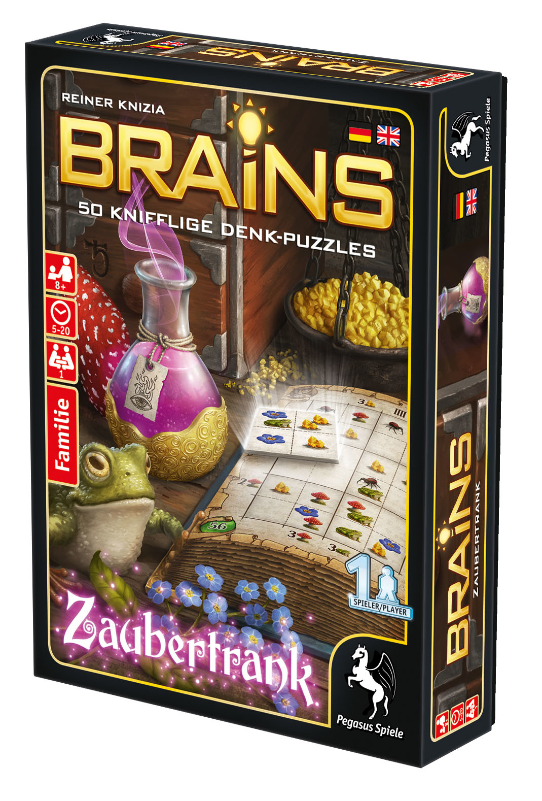 Brettspielbox mit dem Titel BRAINS, mit verschiedenen Elementen.