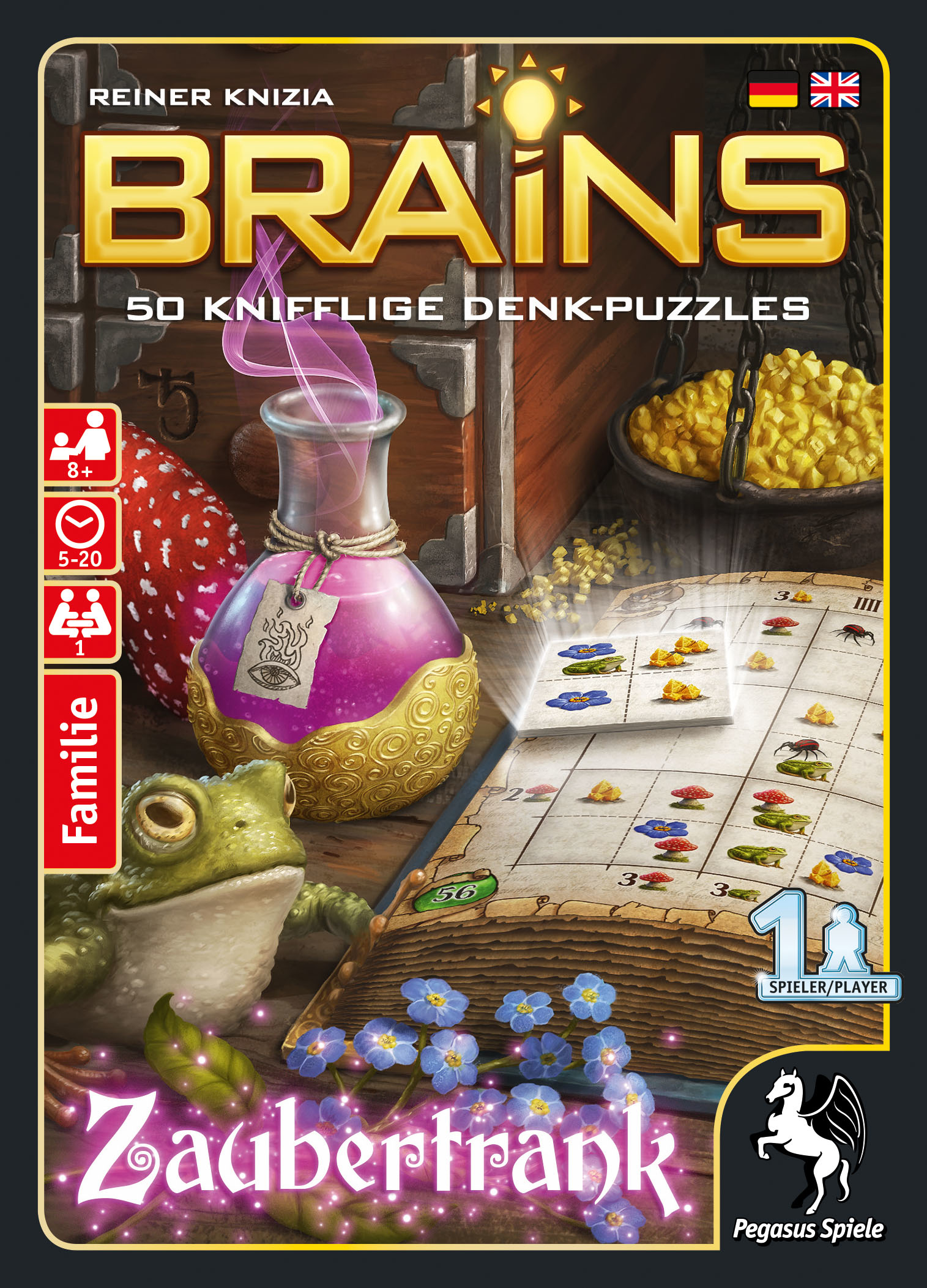 Brettspielbox mit Trank, Schatztruhe, Frosch und einem Puzzle-Spielbrett.